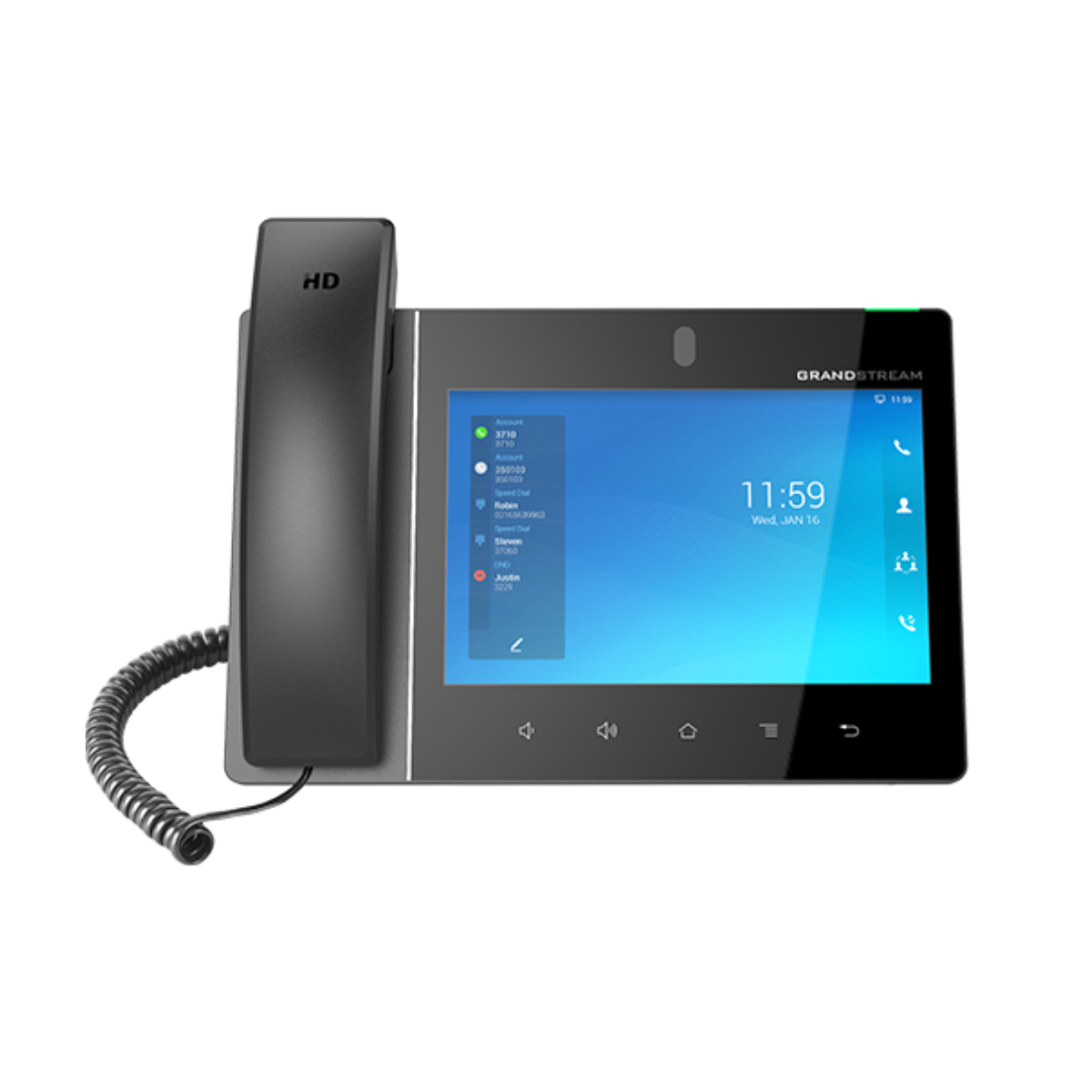 Ein schwarzes Grandstream-IP-Telefon mit HD-Hörer und Touchscreen-Display.