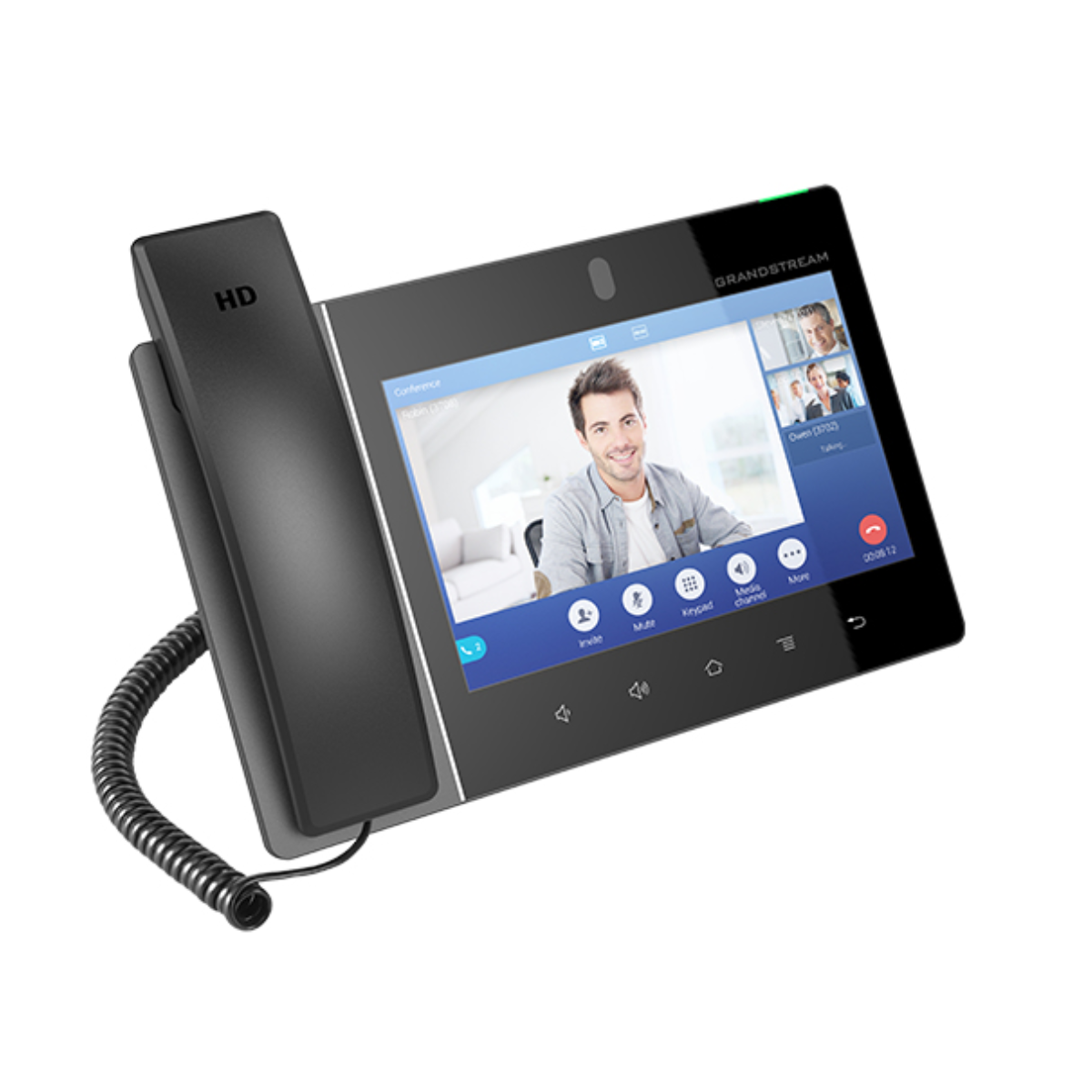 Ein schwarzes Grandstream-Videotelefon mit HD-Handset und Touchscreen-Anzeige.