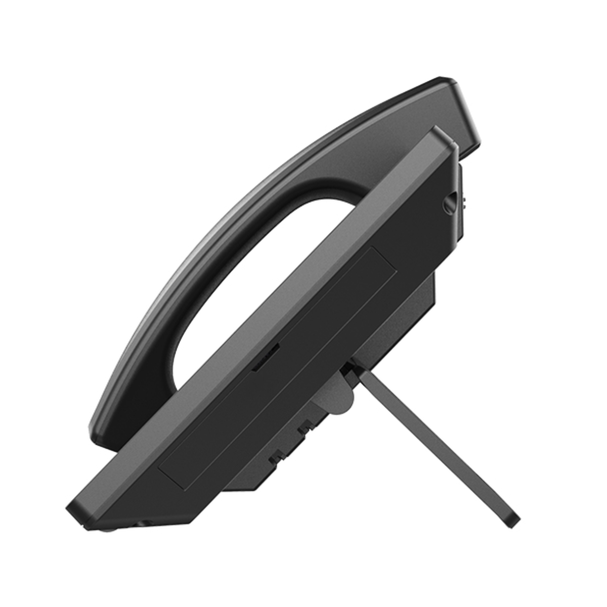 Schwarzes schnurloses Telefon mit Ständer, auf weißem Hintergrund.