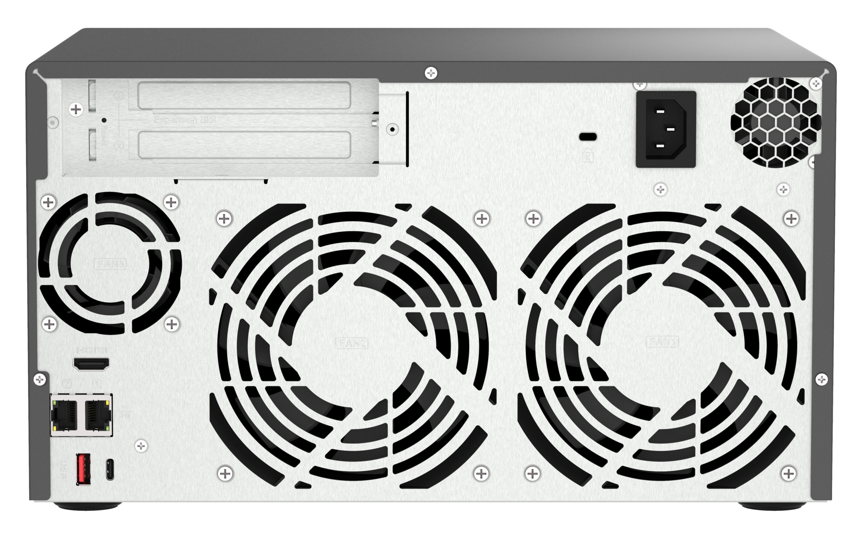 Rückseite eines Servers mit Lüftern, Anschlüssen und Steckplatz.
