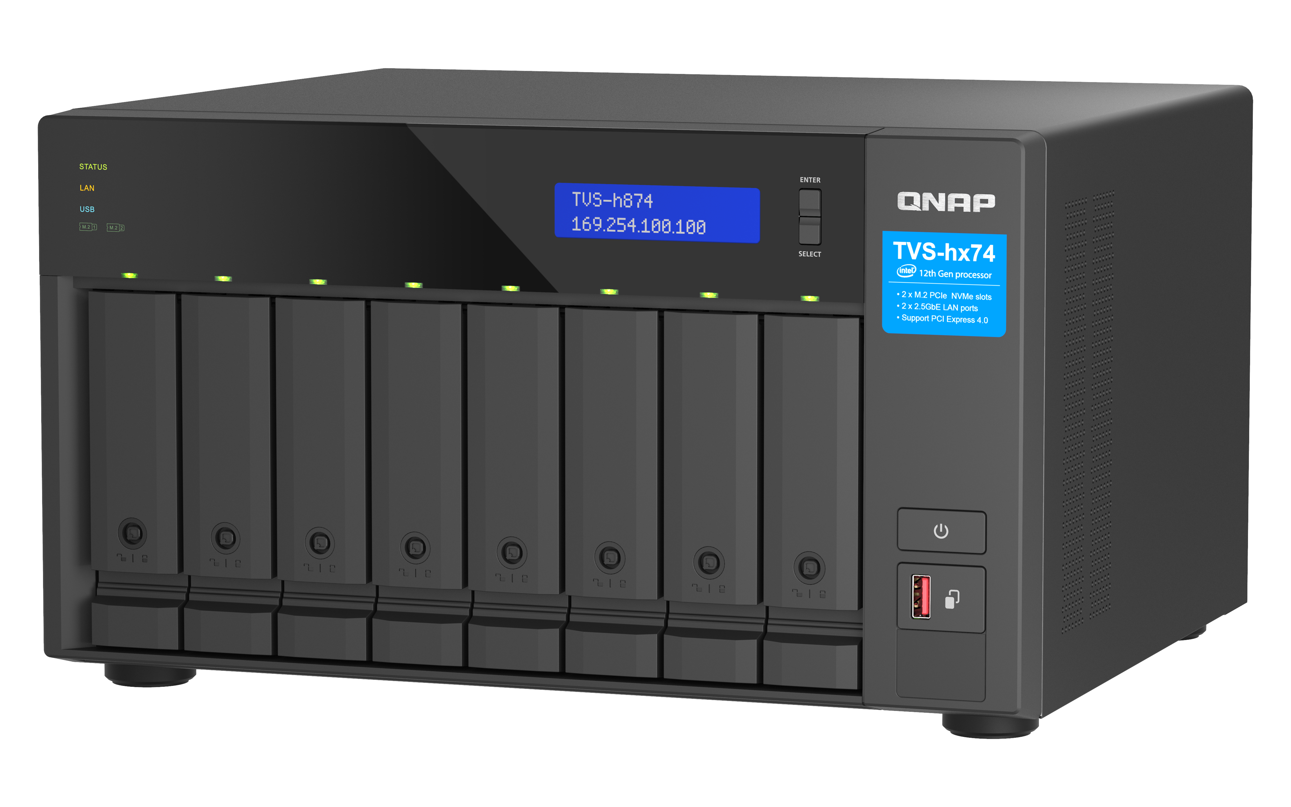 QNAP NAS mit 8 Laufwerksschächten, blauer LCD-Anzeige und Intel-Prozessor.