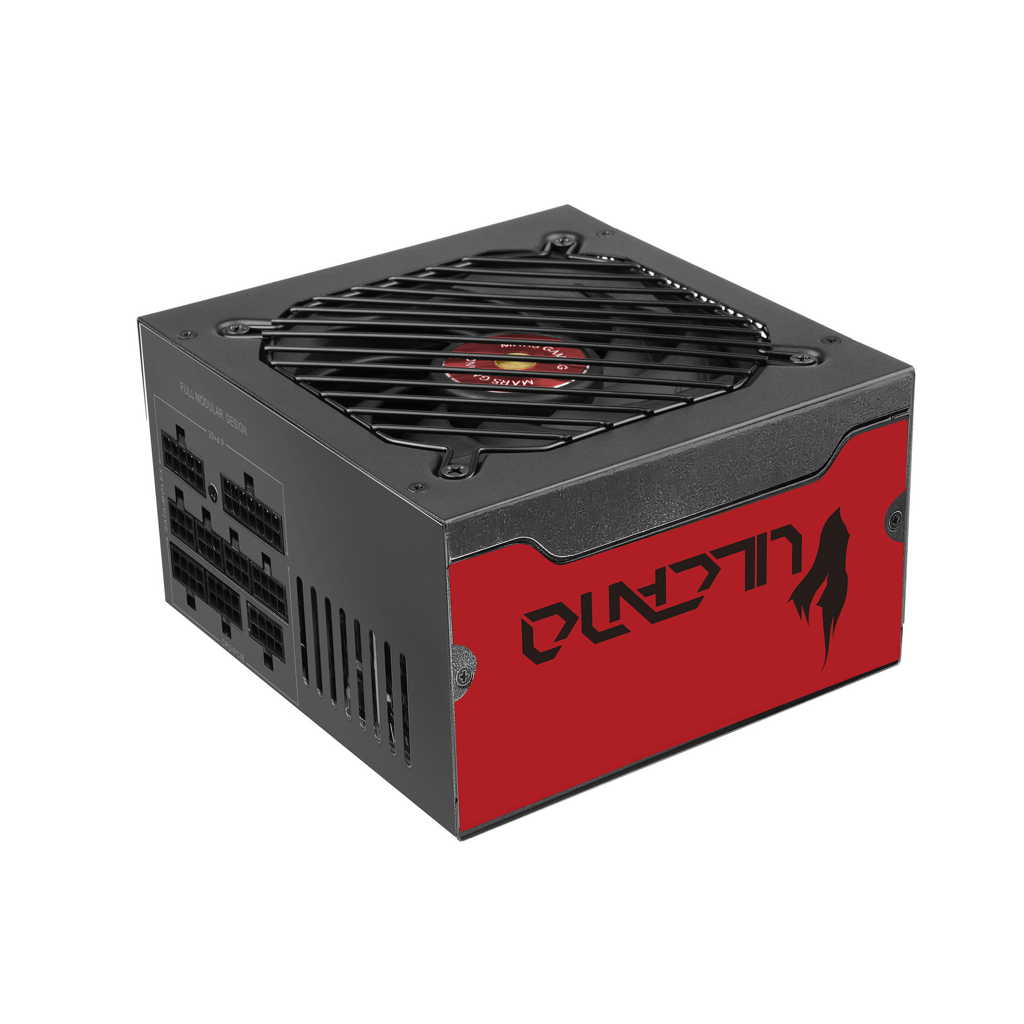 Fuente de alimentación negra con lateral rojo y logo negro. Ventilador arriba.