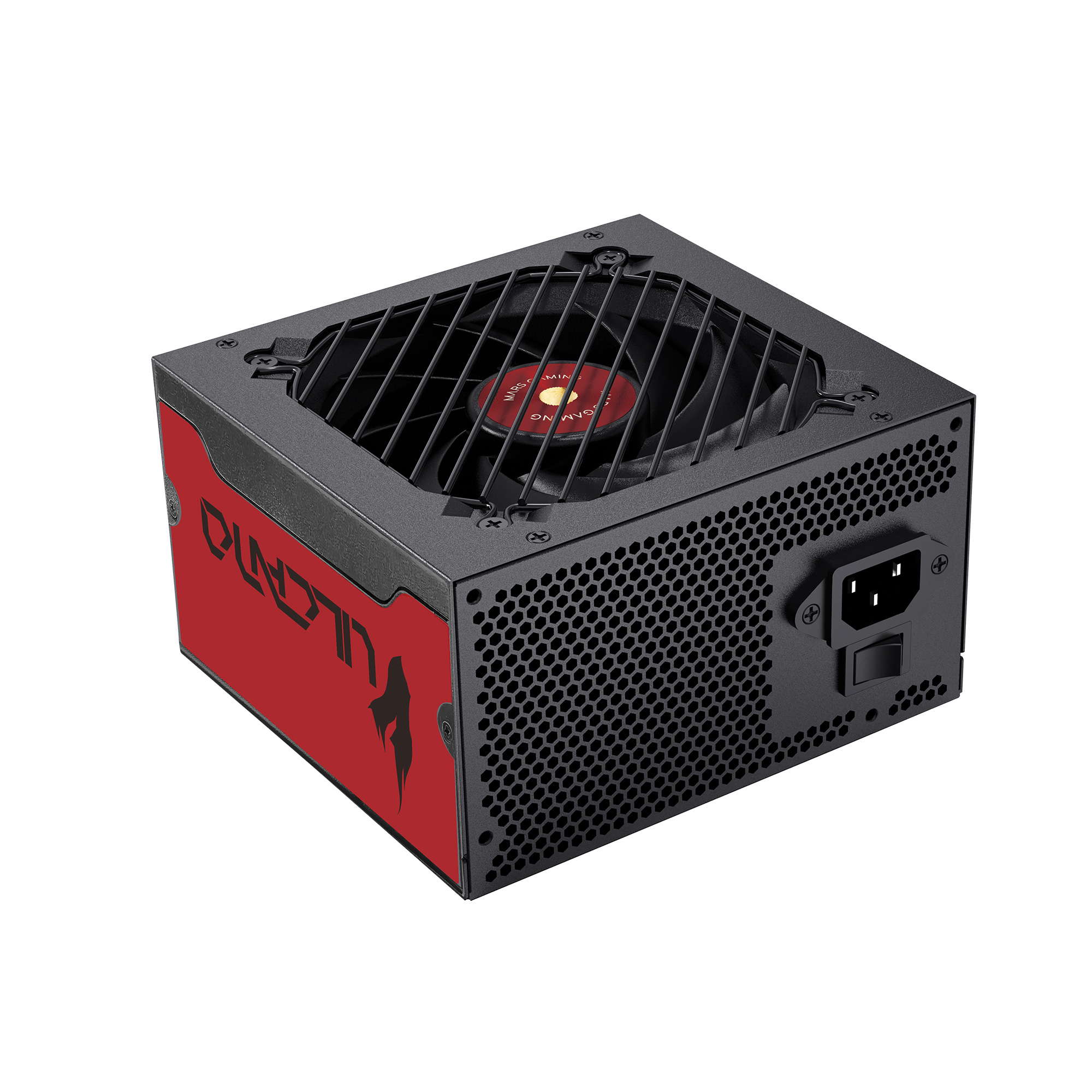Fuente de alimentación de PC negra con lateral y logo rojos, ventilador arriba.