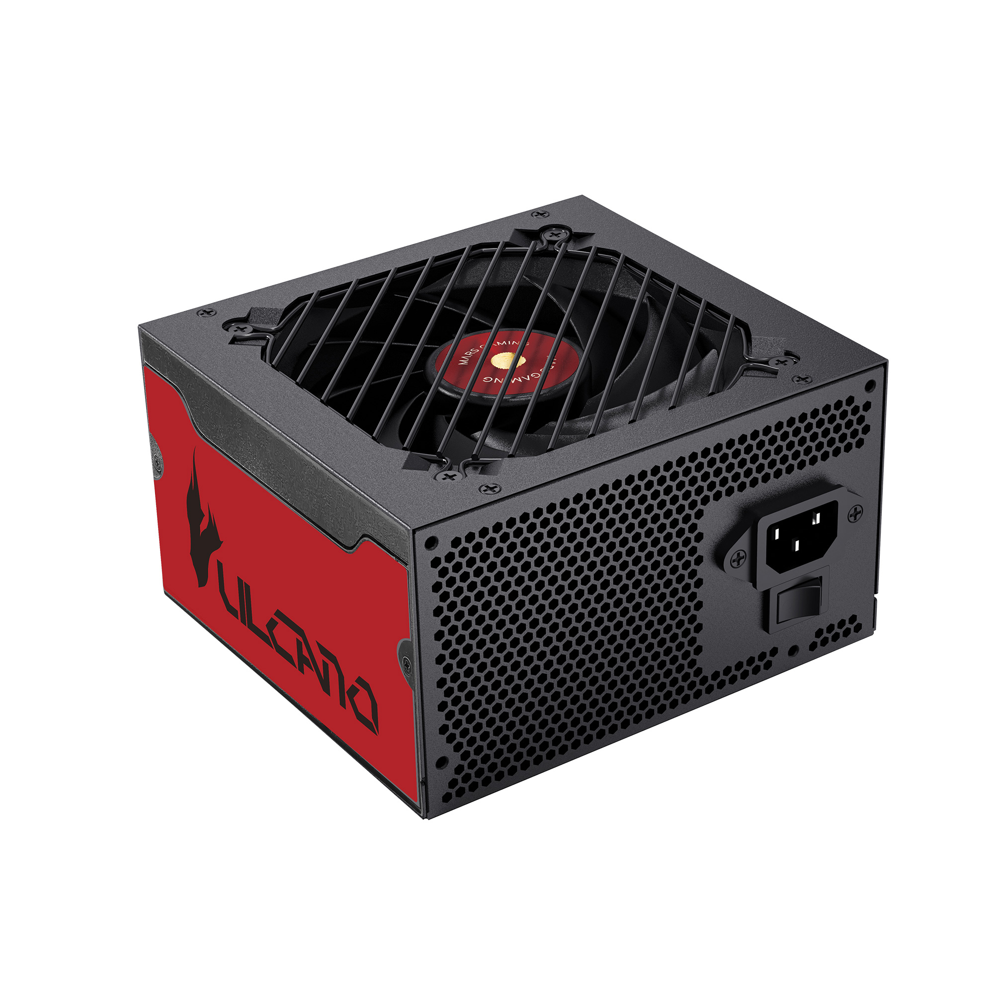 Fuente de alimentación negra con lateral rojo y logo "ULCANO". Ventilador arriba.