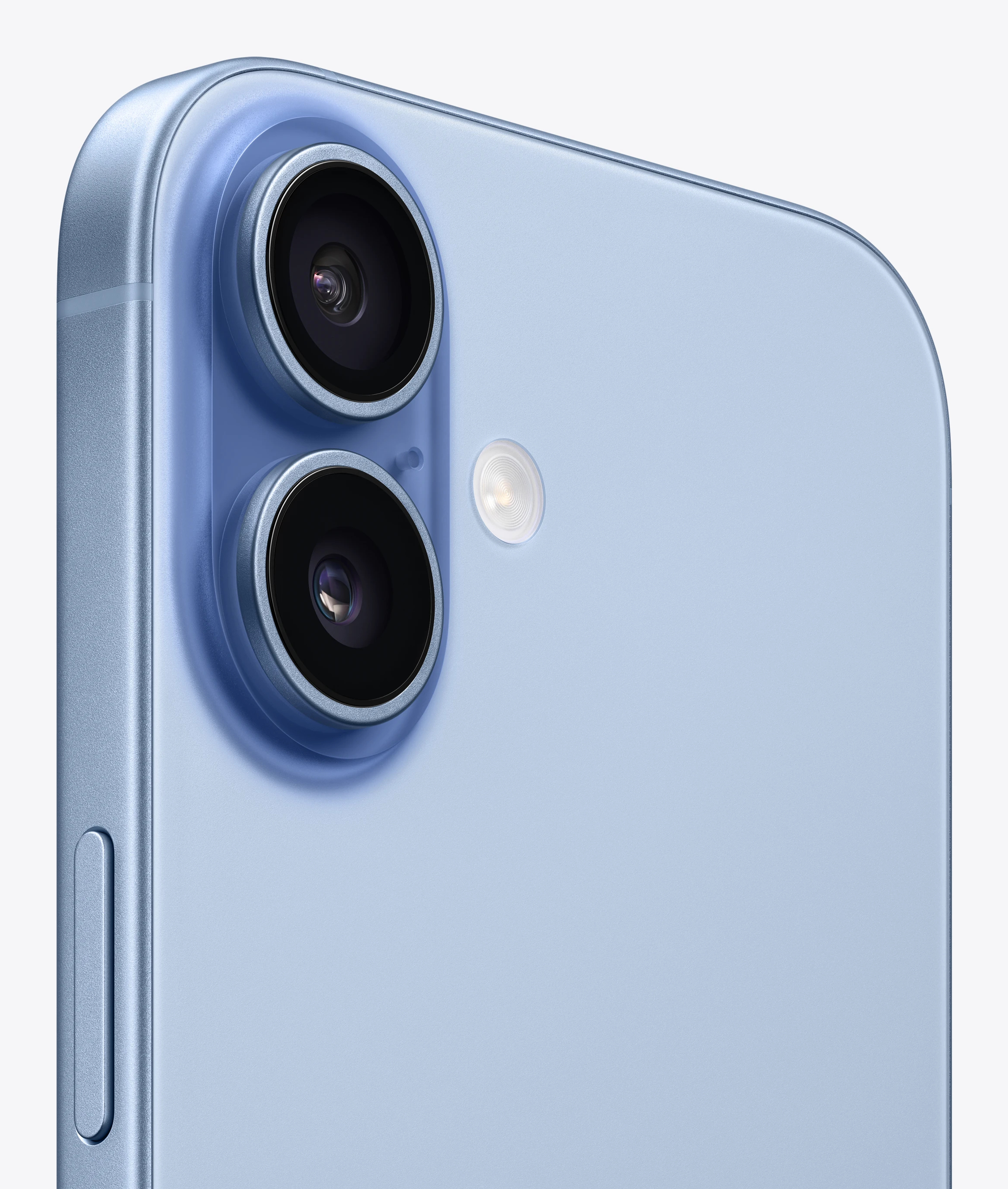 Primo piano del retro blu chiaro di uno smartphone con due fotocamere e flash.