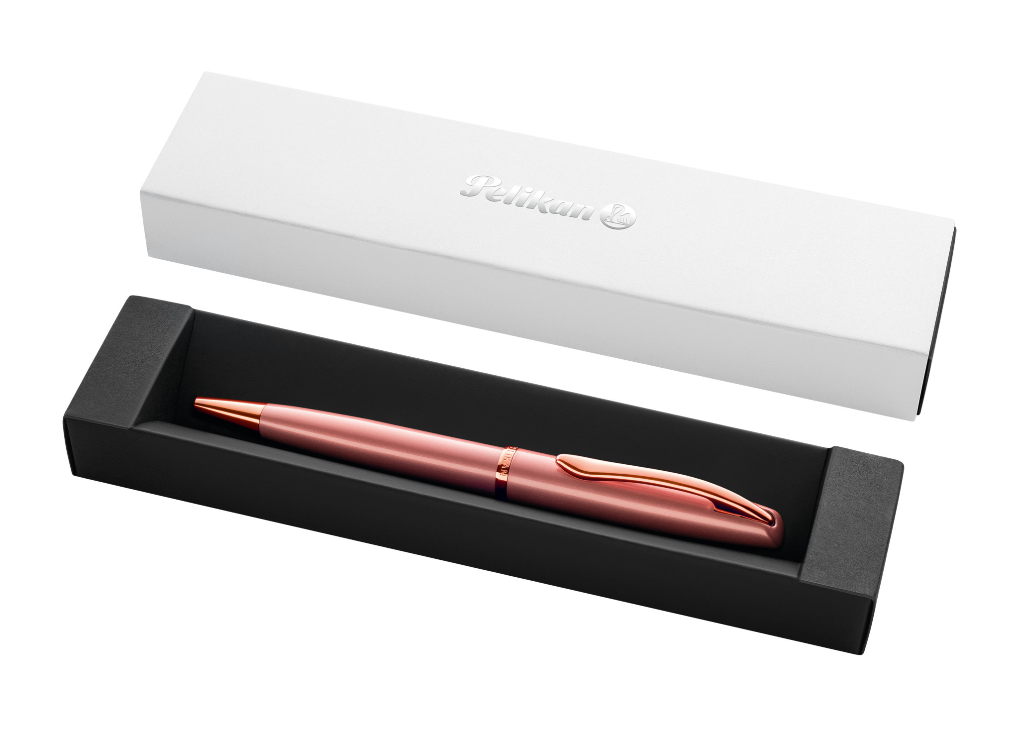 Una penna color oro rosa poggia in un supporto nero all'interno di una scatola bianca.