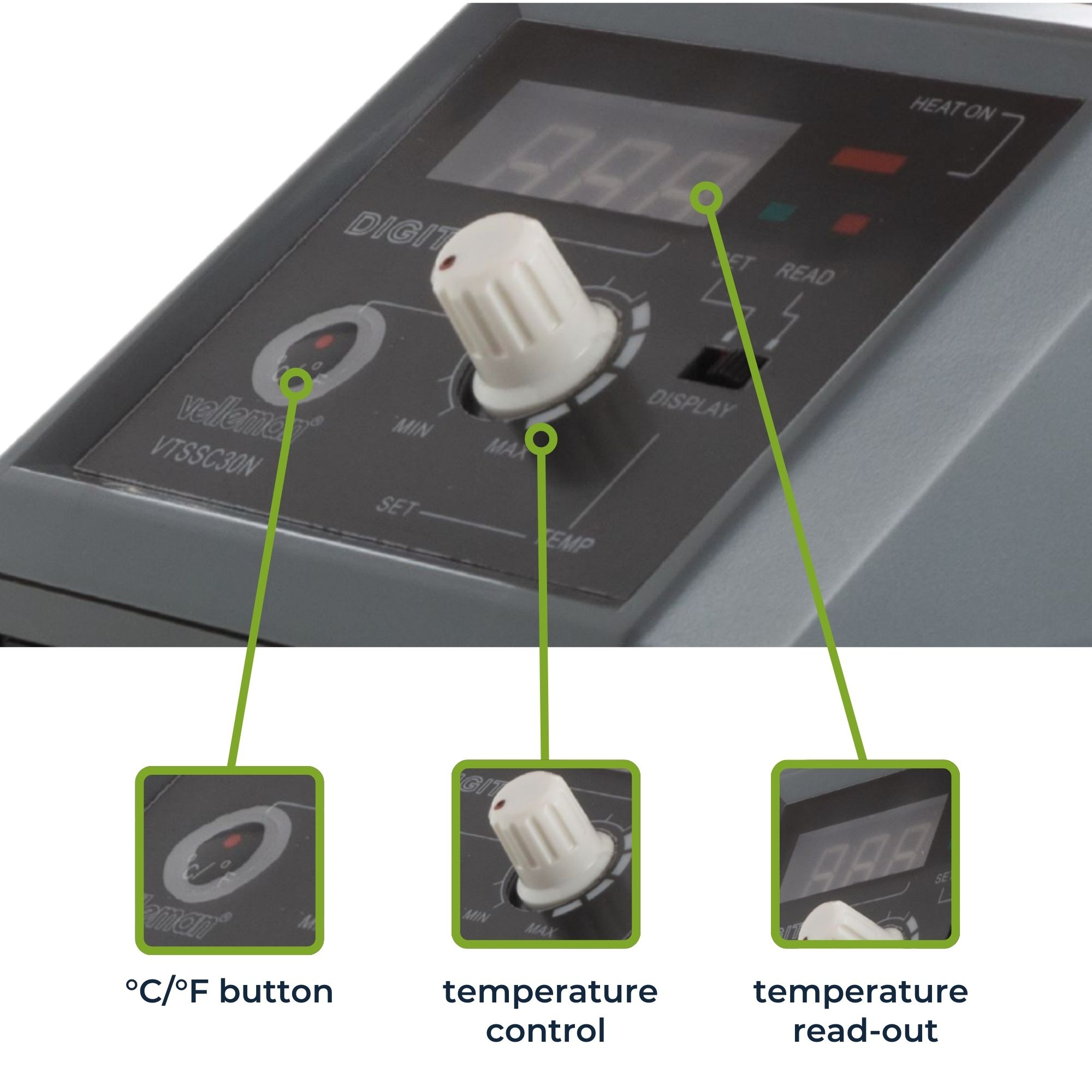 Digitaler Temperaturregler mit Knöpfen und Display. Mit °C/°F-Taste.