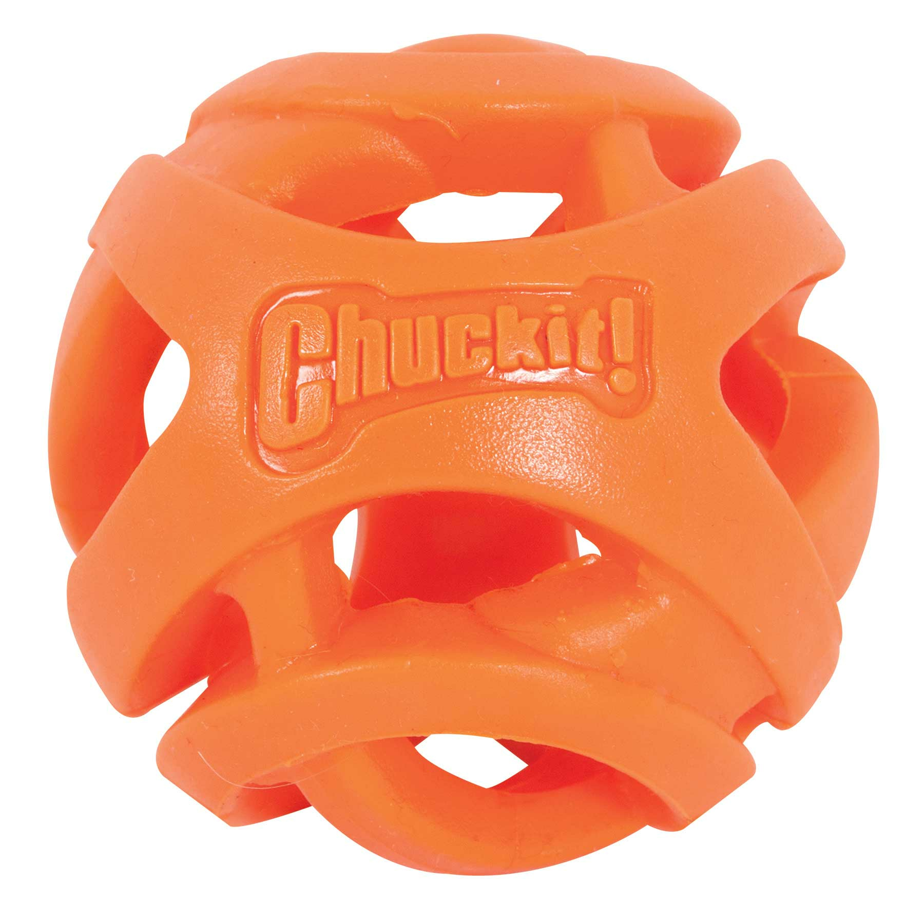 Una palla arancione con ritagli e il nome "Chuckit!".