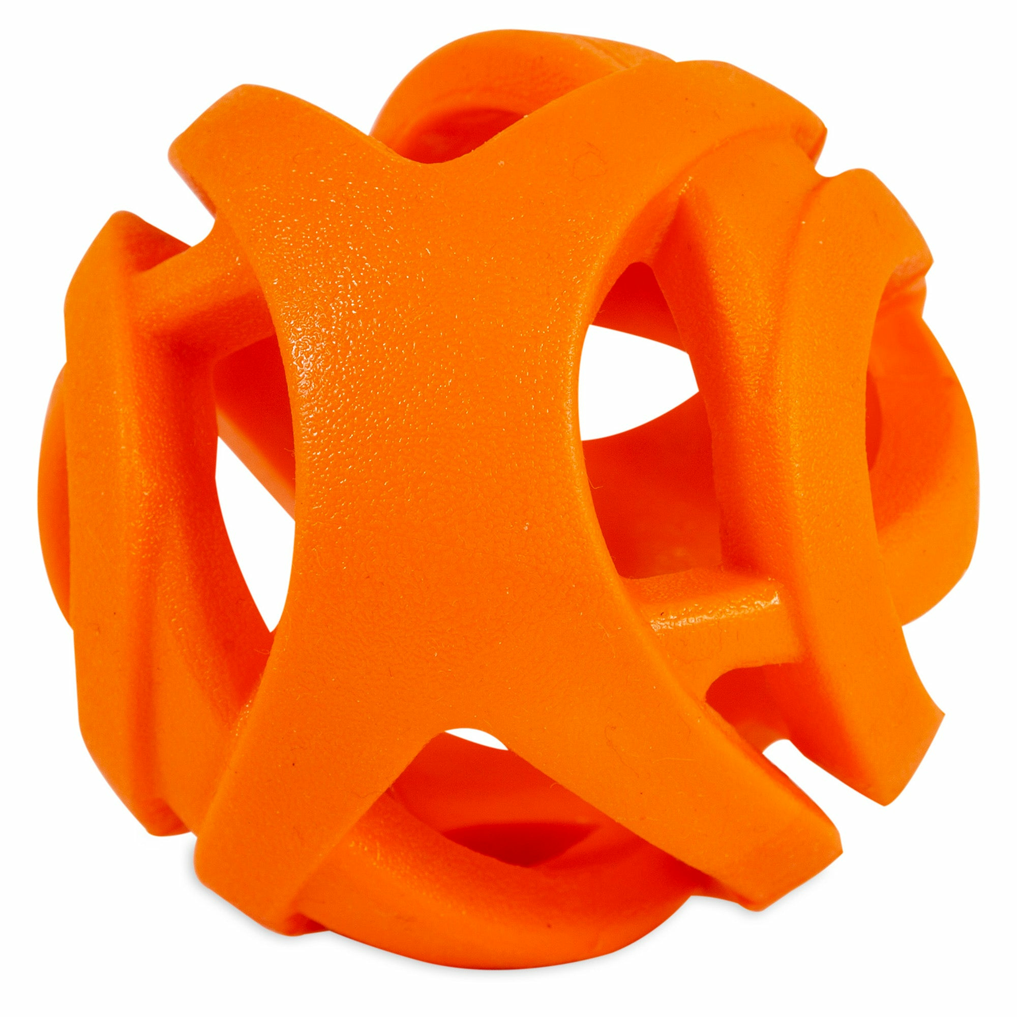Una palla giocattolo sferica arancione brillante con un design a griglia aperta.