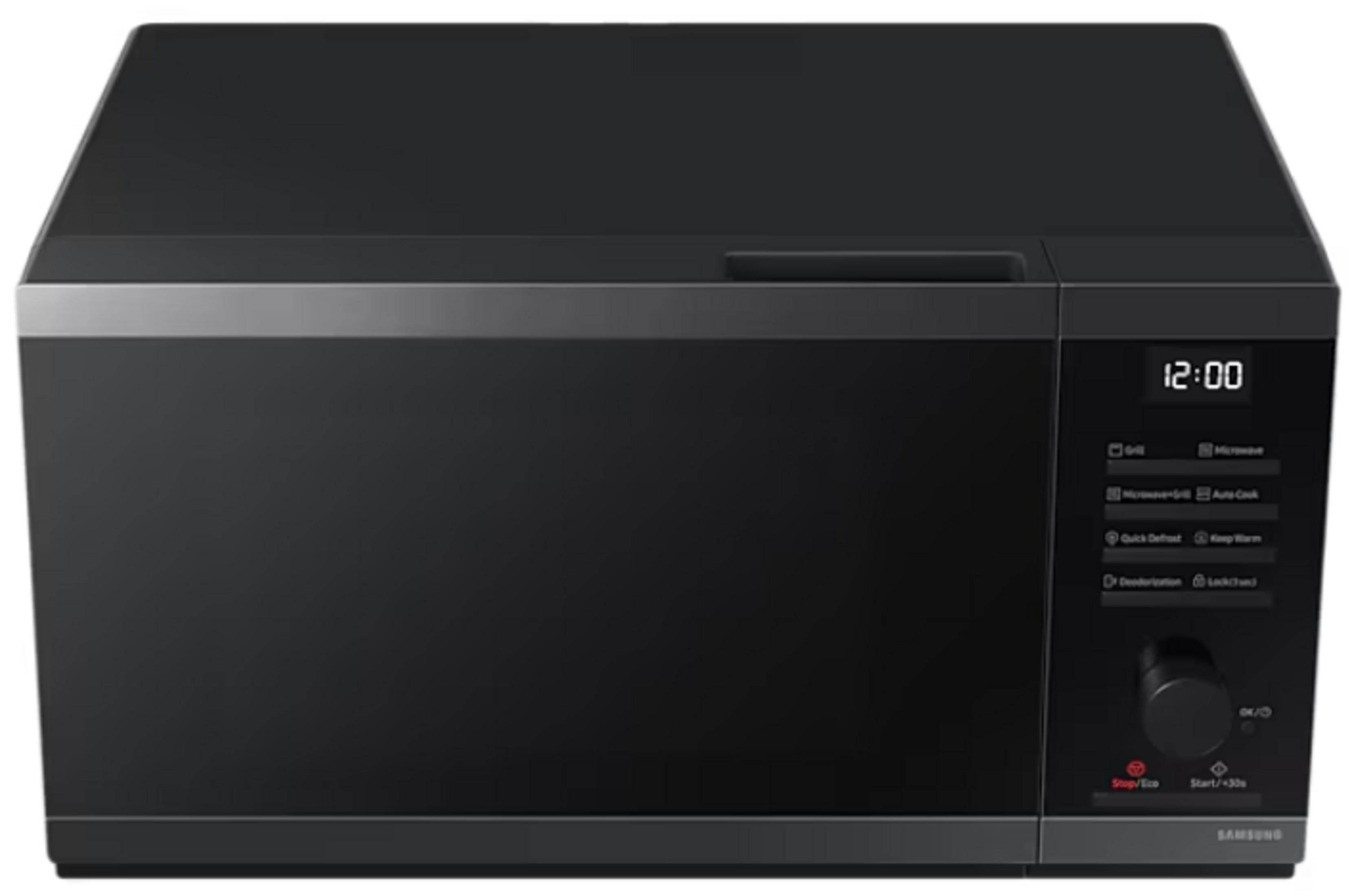 Forno a microonde nero con display digitale e pannello di controllo.