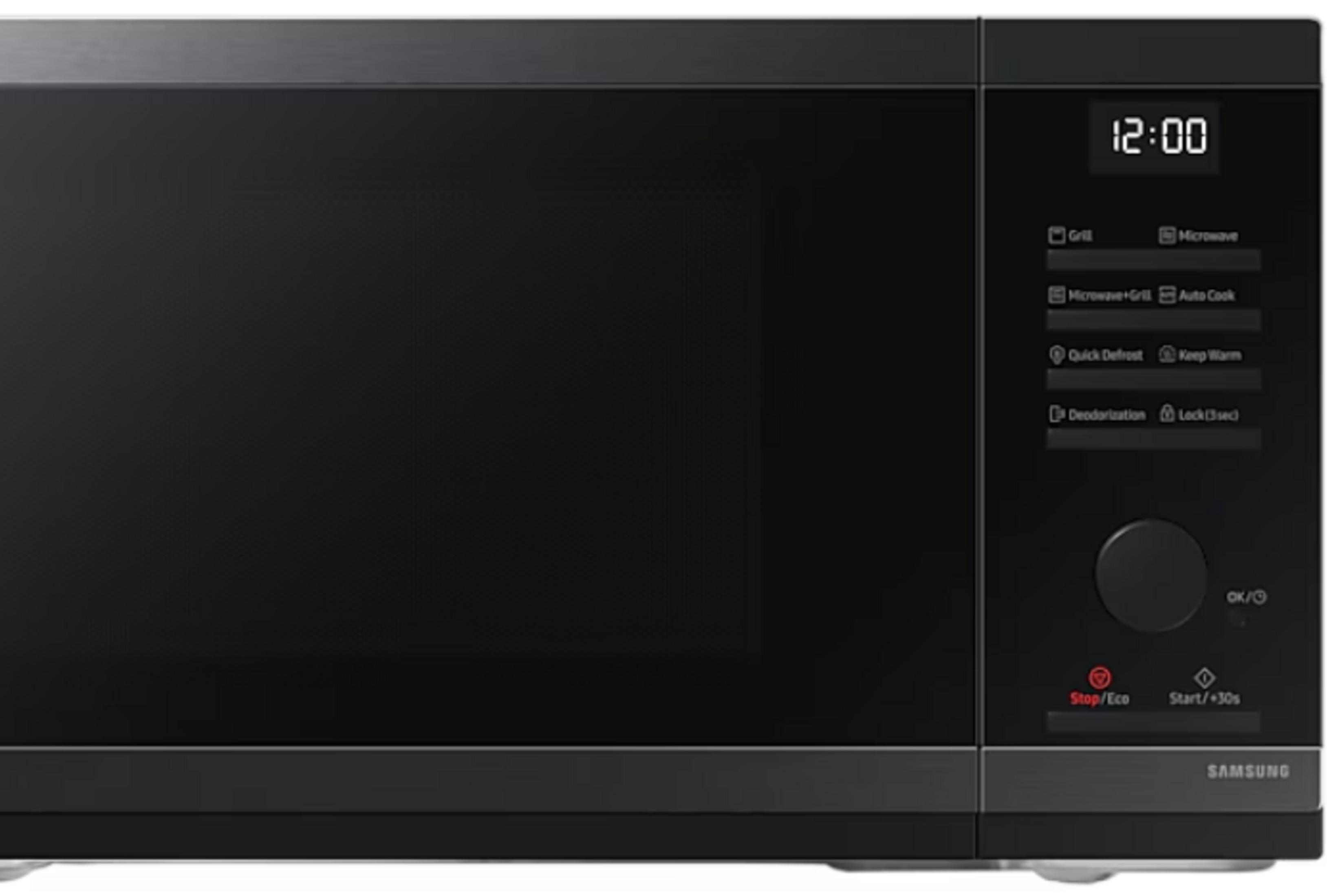 Forno a microonde nero con display digitale 12:00 e pulsanti di controllo.