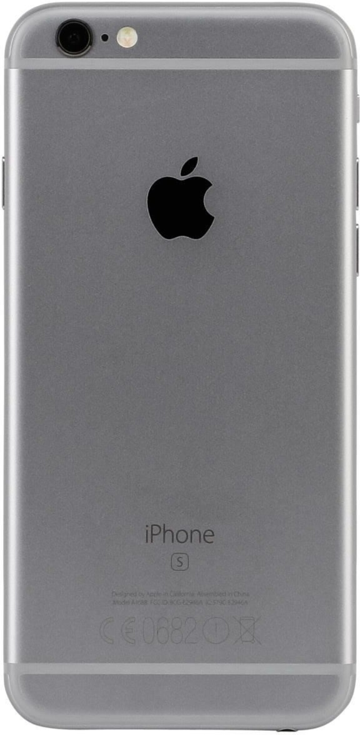 Rückseite eines grauen iPhones mit Apple-Logo und Schriftzug.