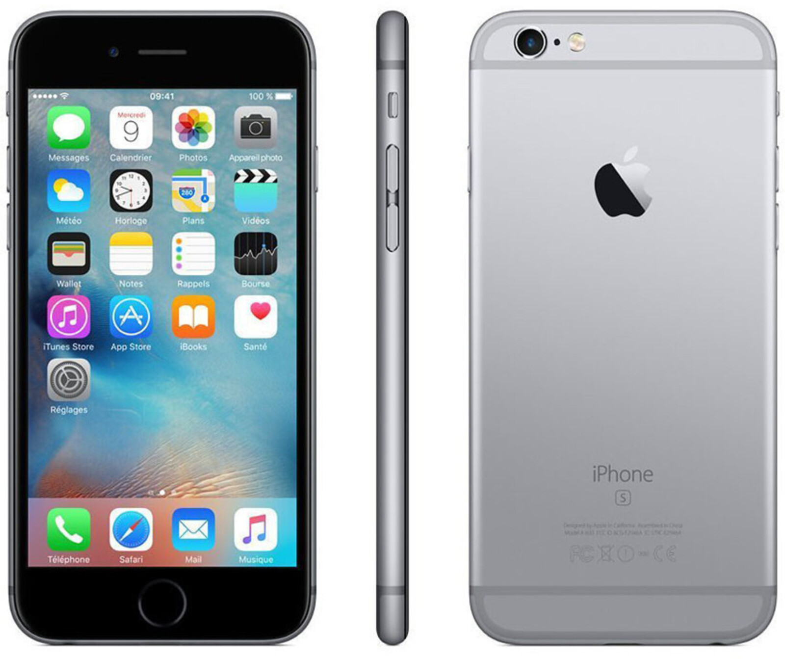 Silbernes iPhone 6s von vorne, seitlich und hinten mit geöffnete Apps.