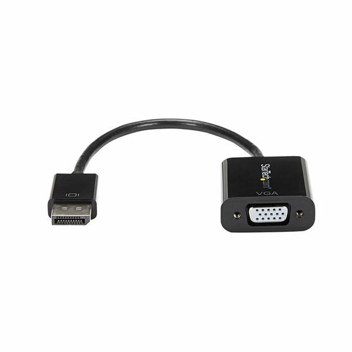 Un cavo adattatore DisplayPort a VGA nero con connettore DisplayPort e porta VGA.