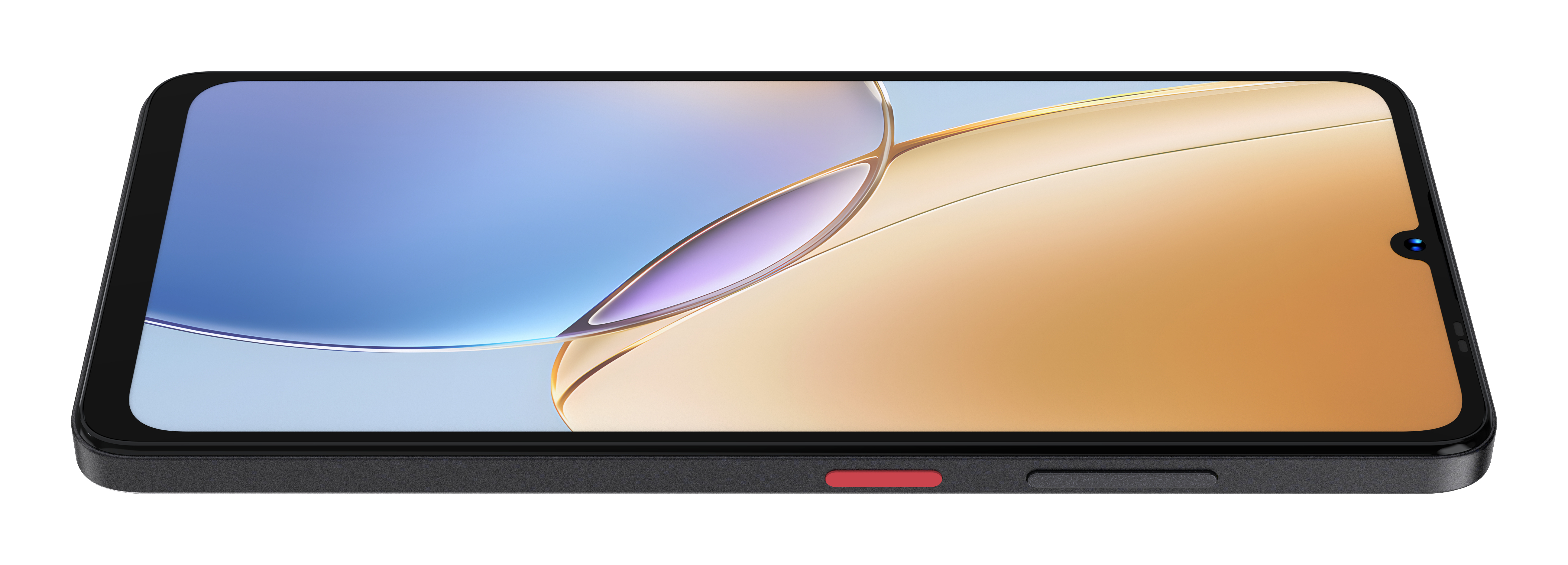 Czarny smartfon leżący na boku z kolorowym tłem.