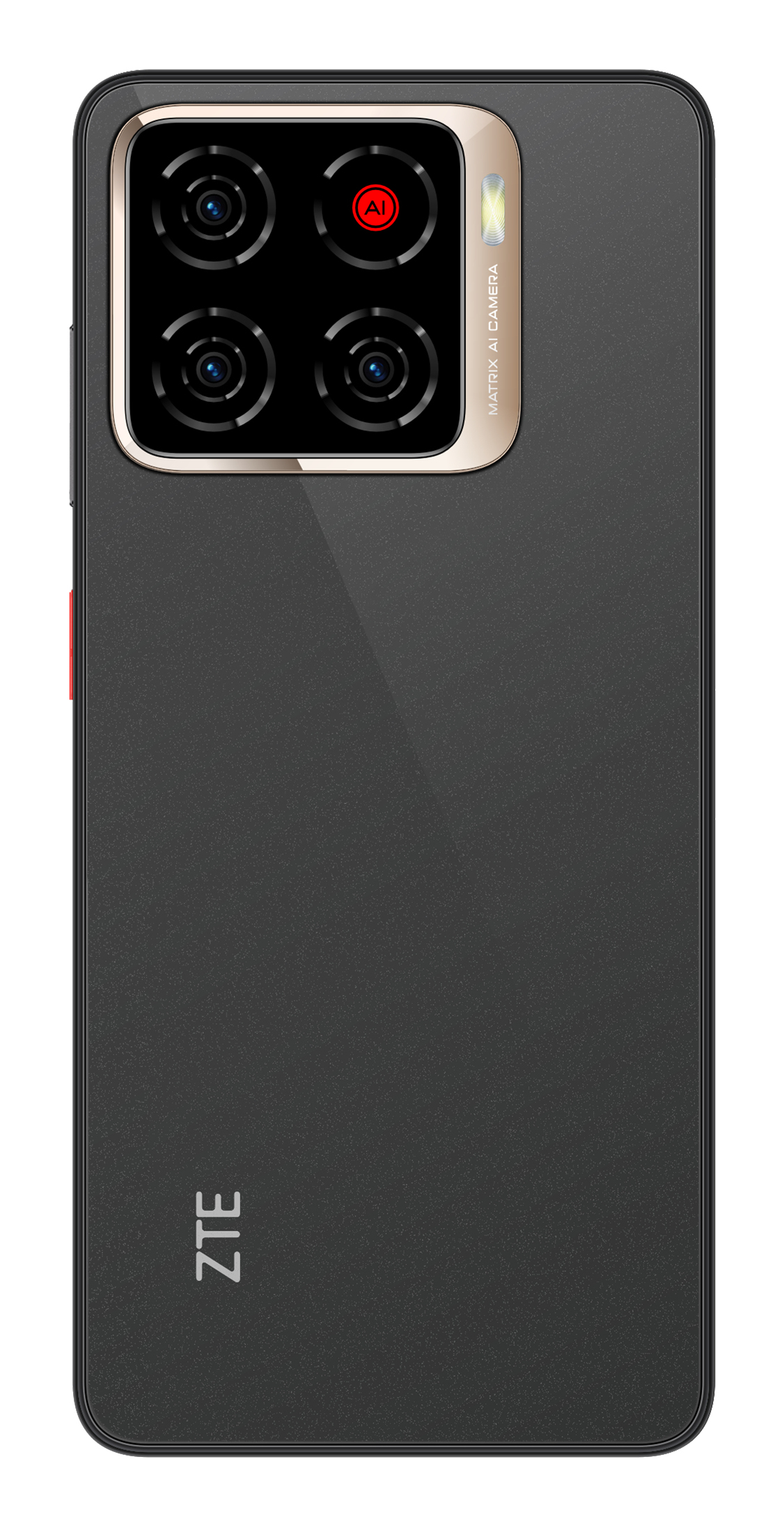 Tył czarnego smartfona ZTE z poczwórnym aparatem i lampą błyskową.