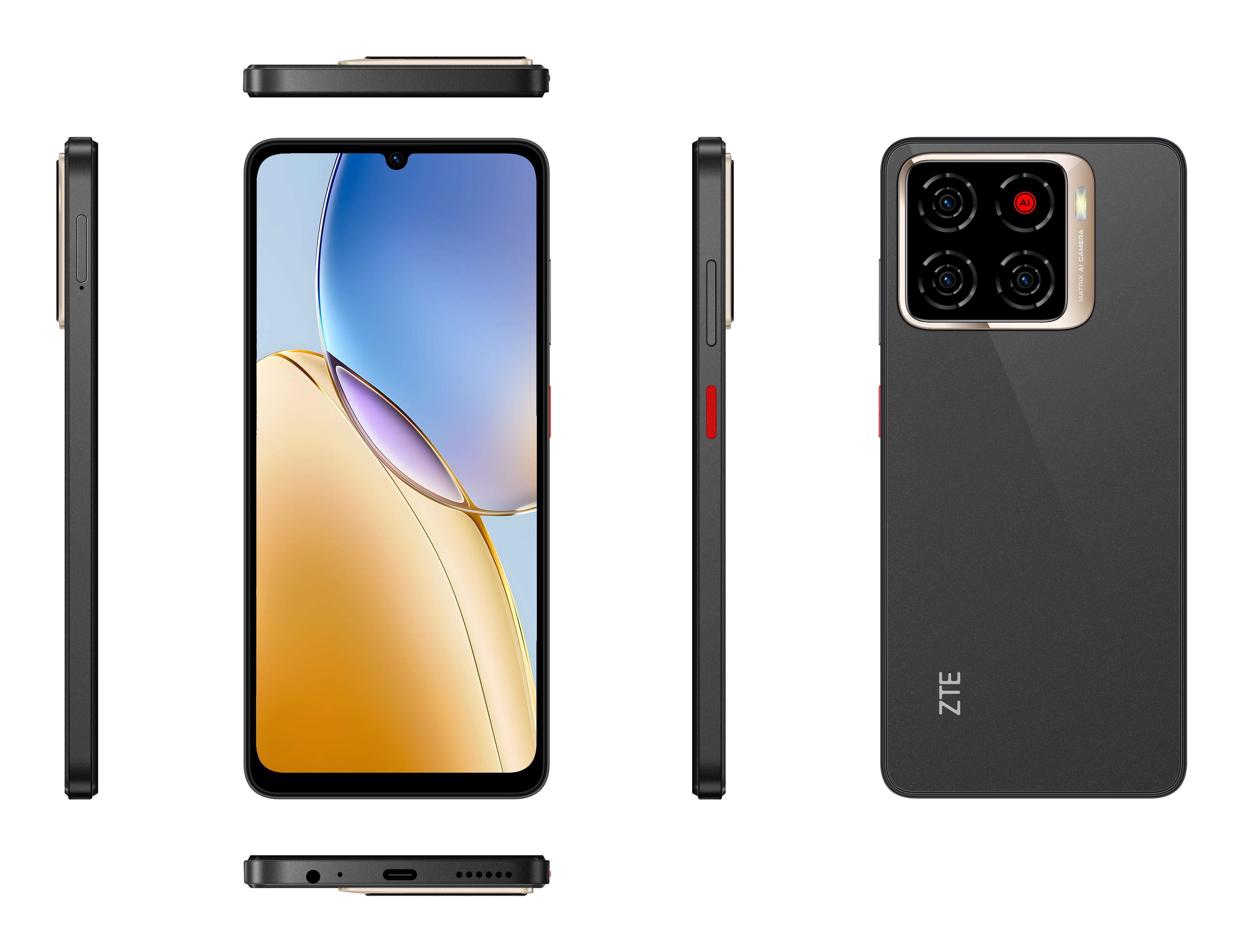 Cztery widoki czarnego smartfona ZTE z poczwórnym aparatem i czerwonym akcentem.
