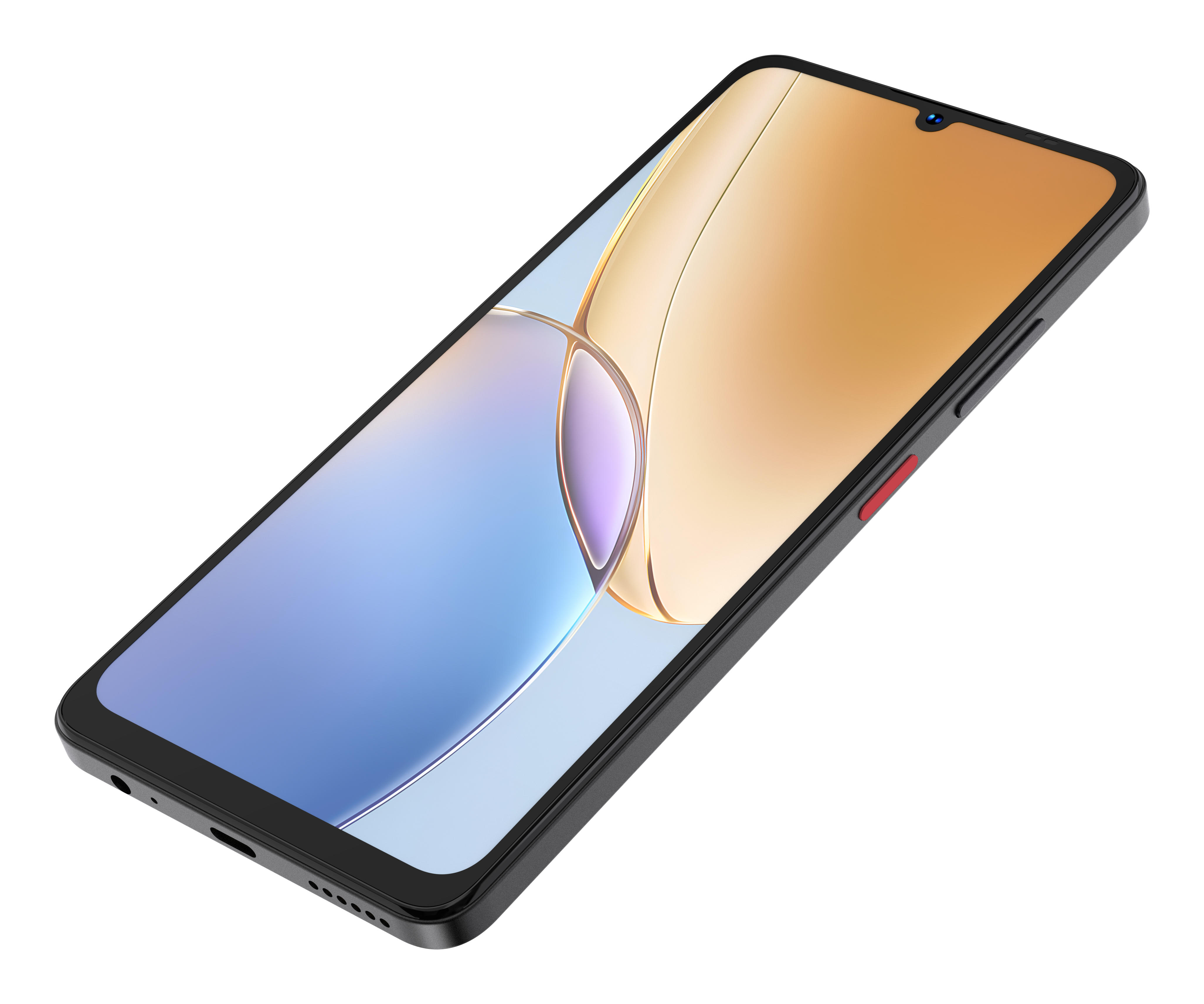 Czarny smartfon z kolorowym ekranem leżący na białym tle.