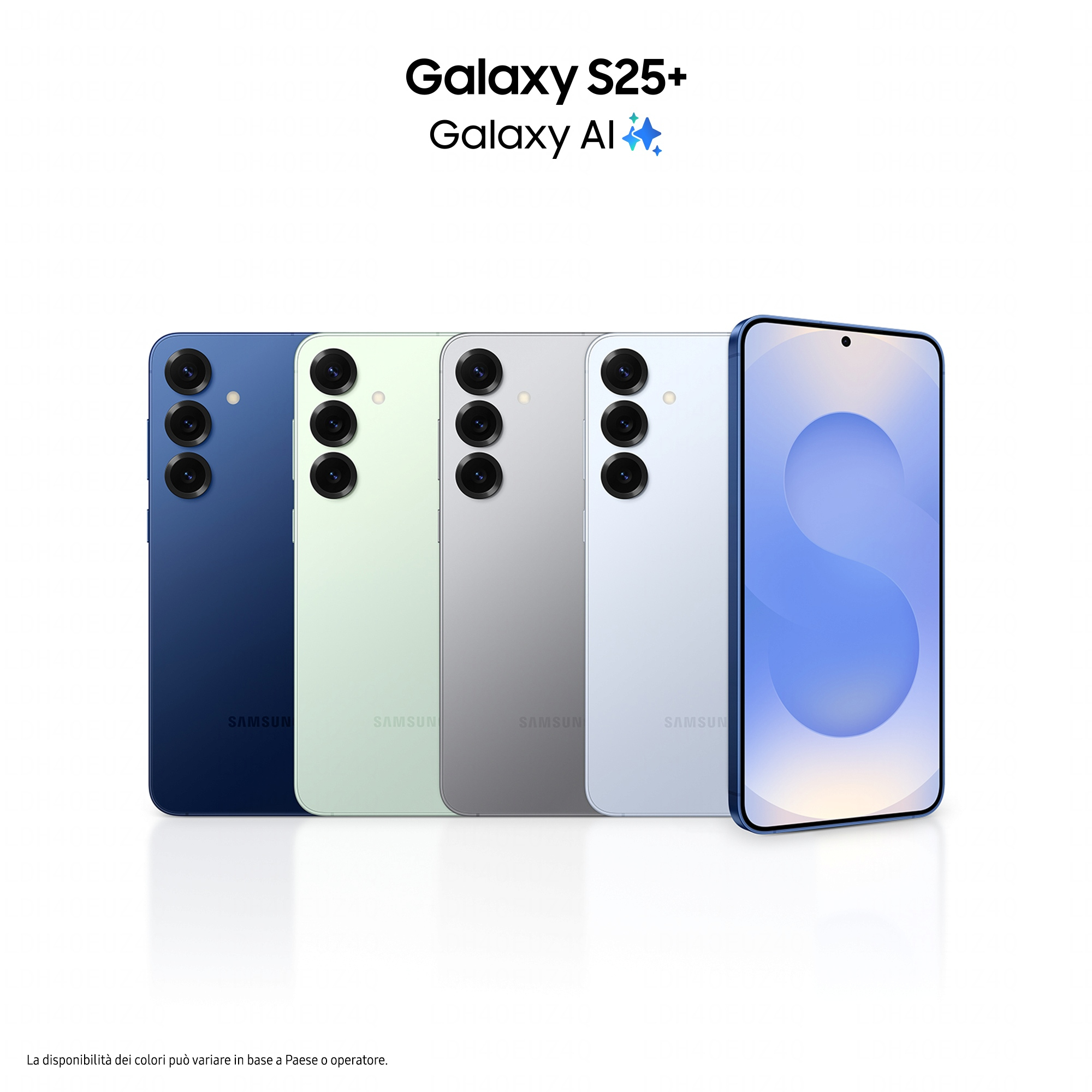 Vier Samsung Galaxy Smartphones in Blau, Grün, Grau und Hellblau nebeneinander.