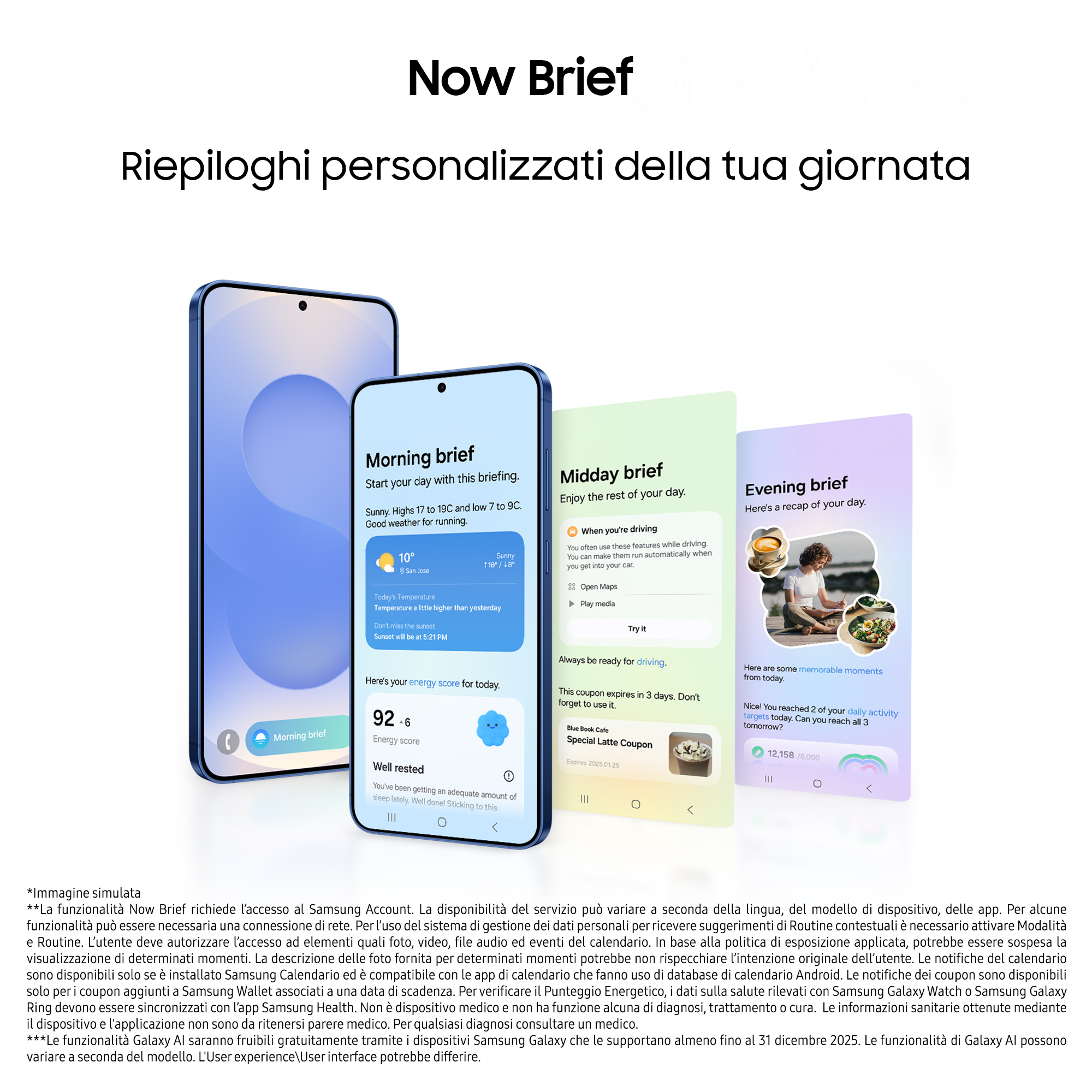 Drei Samsung-Handys zeigen personalisierte Tageszusammenfassungen: Morgen-, Mittag- und Abendbrief.