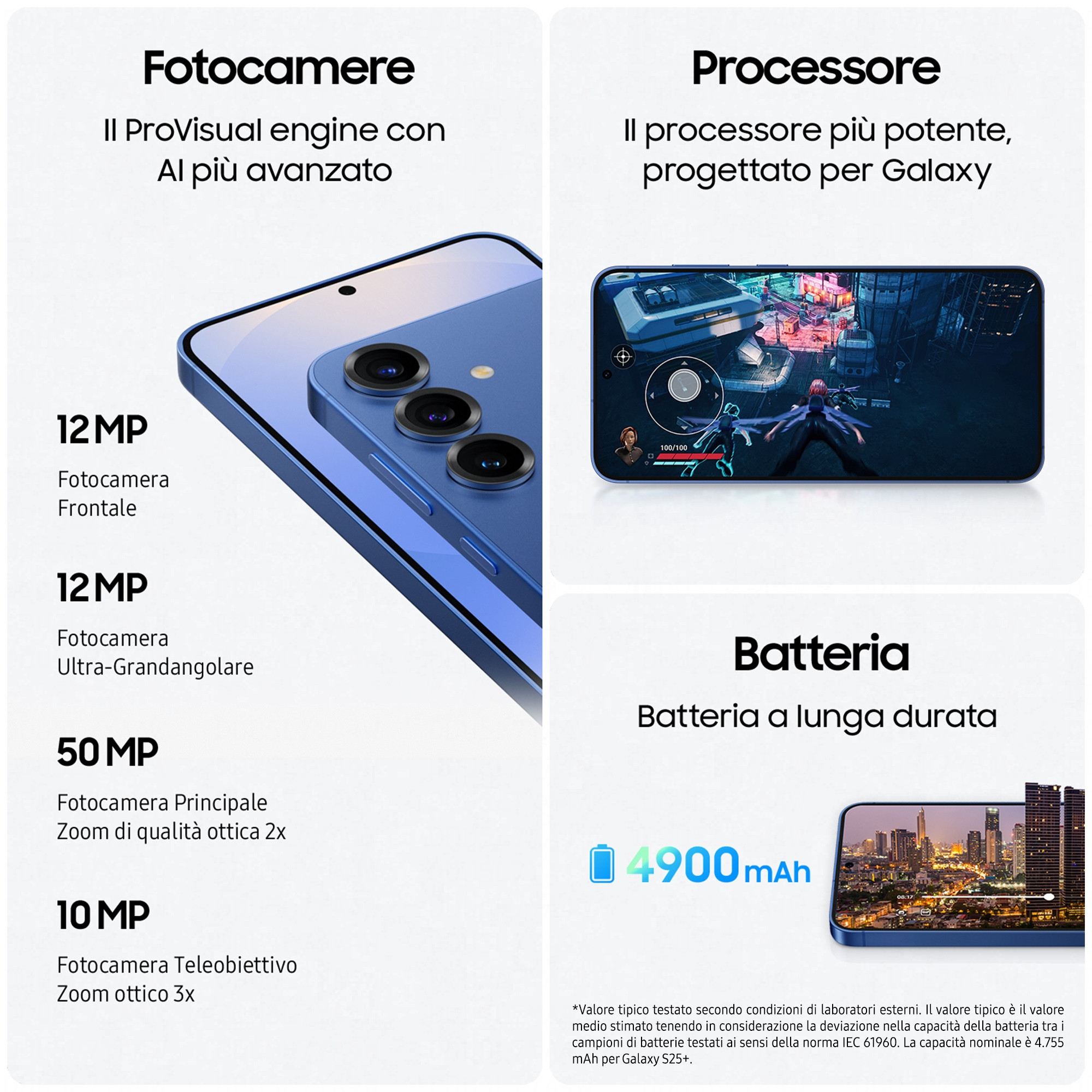 Smartphone-Display mit Spielen, Kameraspezifikationen und Akkukapazität von 4900 mAh.