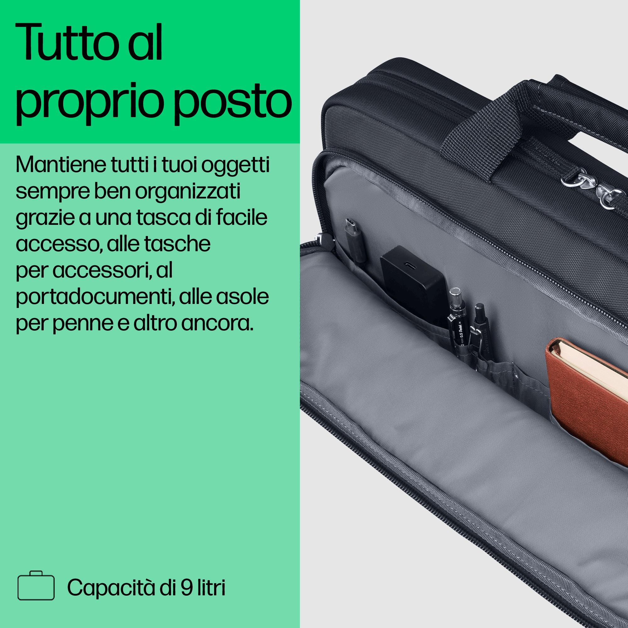 Borsa nera con scomparti per penne, accessori, un libro e un power bank.