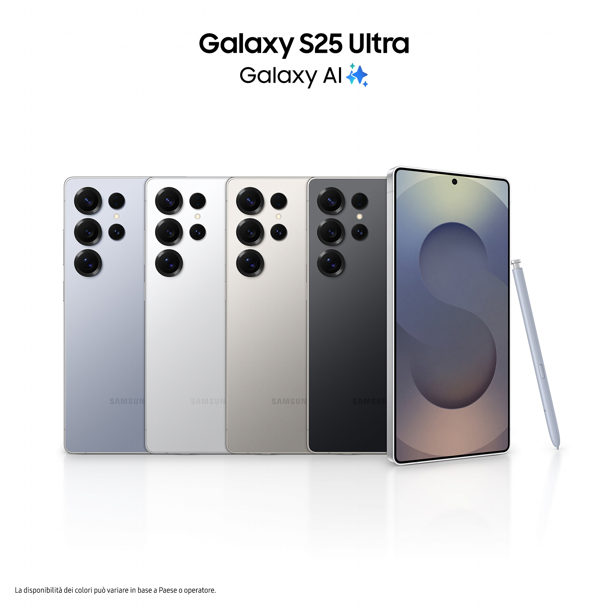 Vier Samsung Galaxy S25 Ultra Smartphones in verschiedenen Farben nebeneinander.