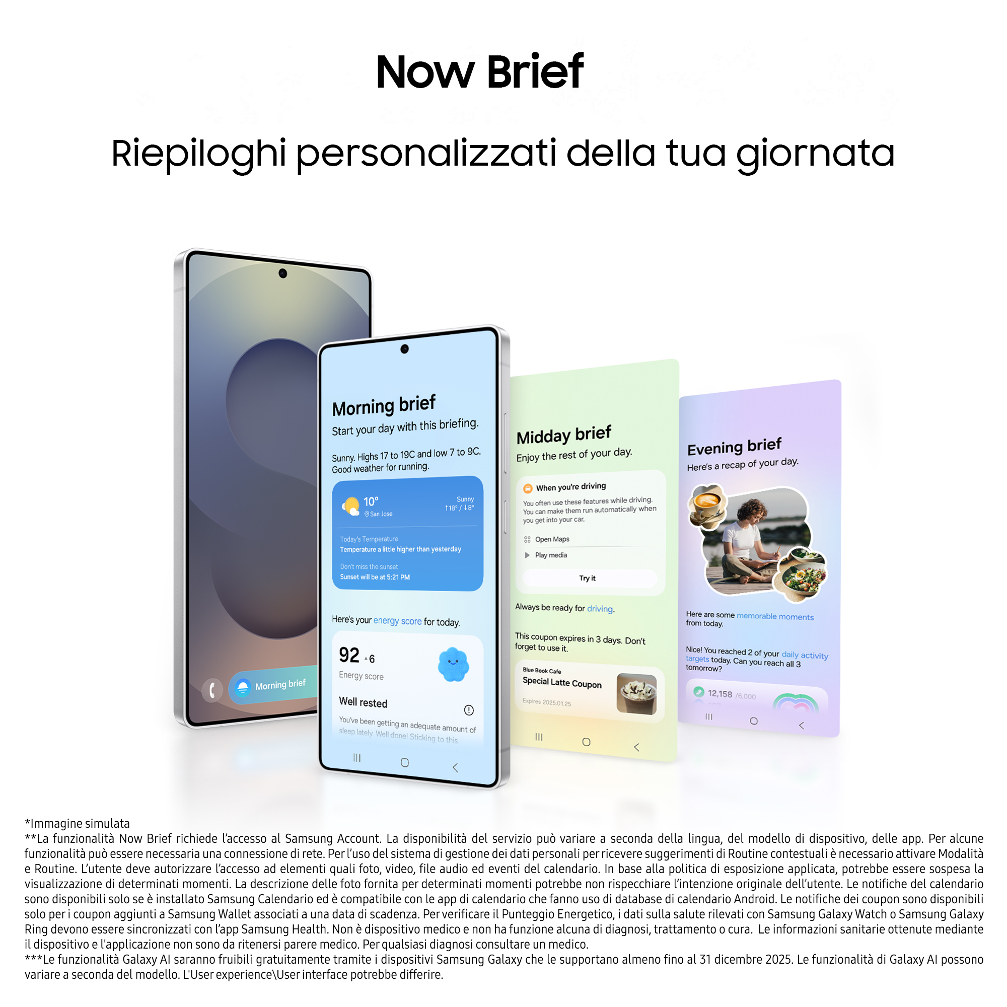 Drei Smartphone-Bildschirme zeigen personalisierte Tageszusammenfassungen mit Wetter, Energie und Coupons.