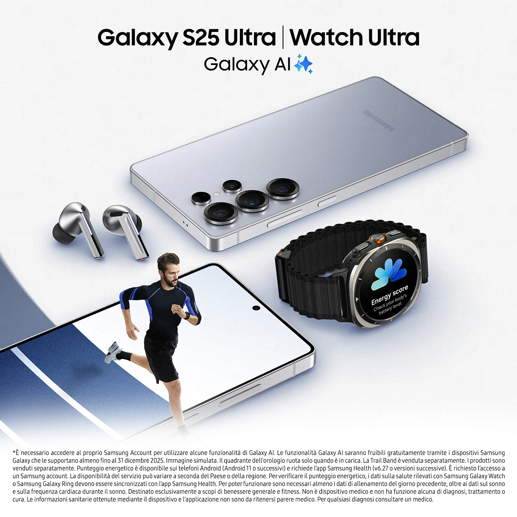 Samsung Galaxy S25 Ultra, Watch Ultra, Ohrhörer, Läufer und Smartphone auf weißem Hintergrund.