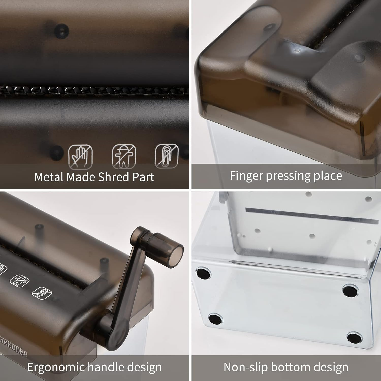 Collage von Merkmalen eines Aktenvernichters: Schneidwerk, obere Abdeckung, Griff und Basis.