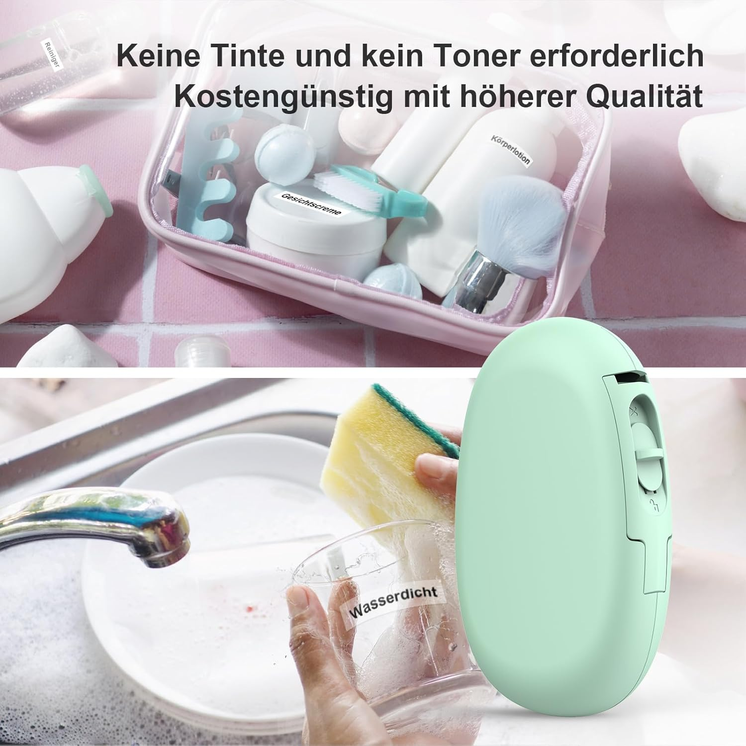 Oben: Kosmetik in einer Tasche. Unten: Hände waschen Geschirr mit Maus daneben.