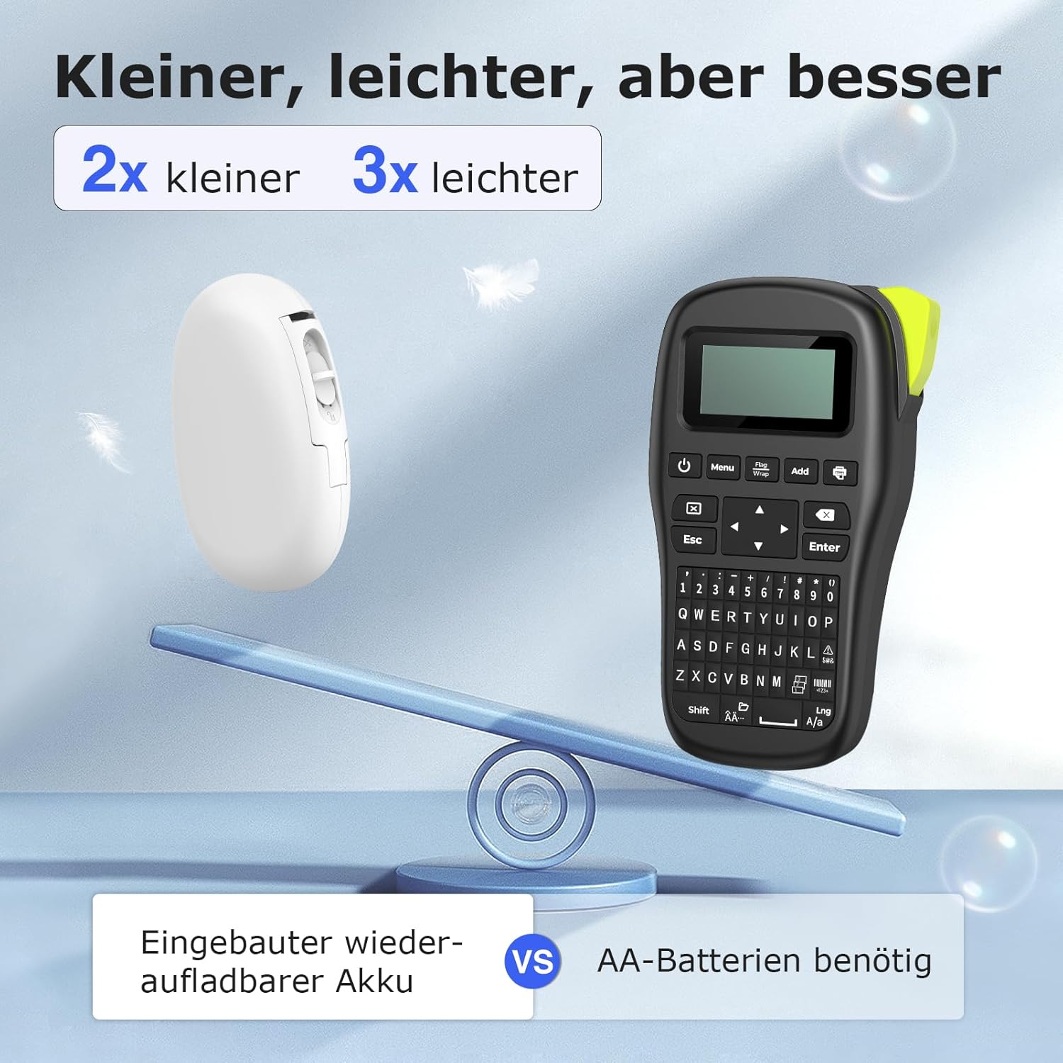 Ein weißes Gerät und ein schwarzer Druckerwaagen-Vergleich.