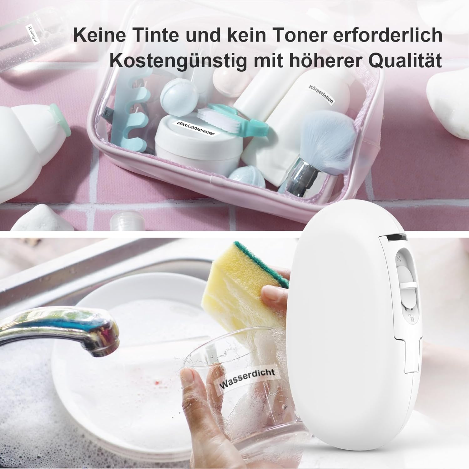 Kosmetik & Maus neben Spüle. Kosmetik in Tasche, Maus in der Nähe.