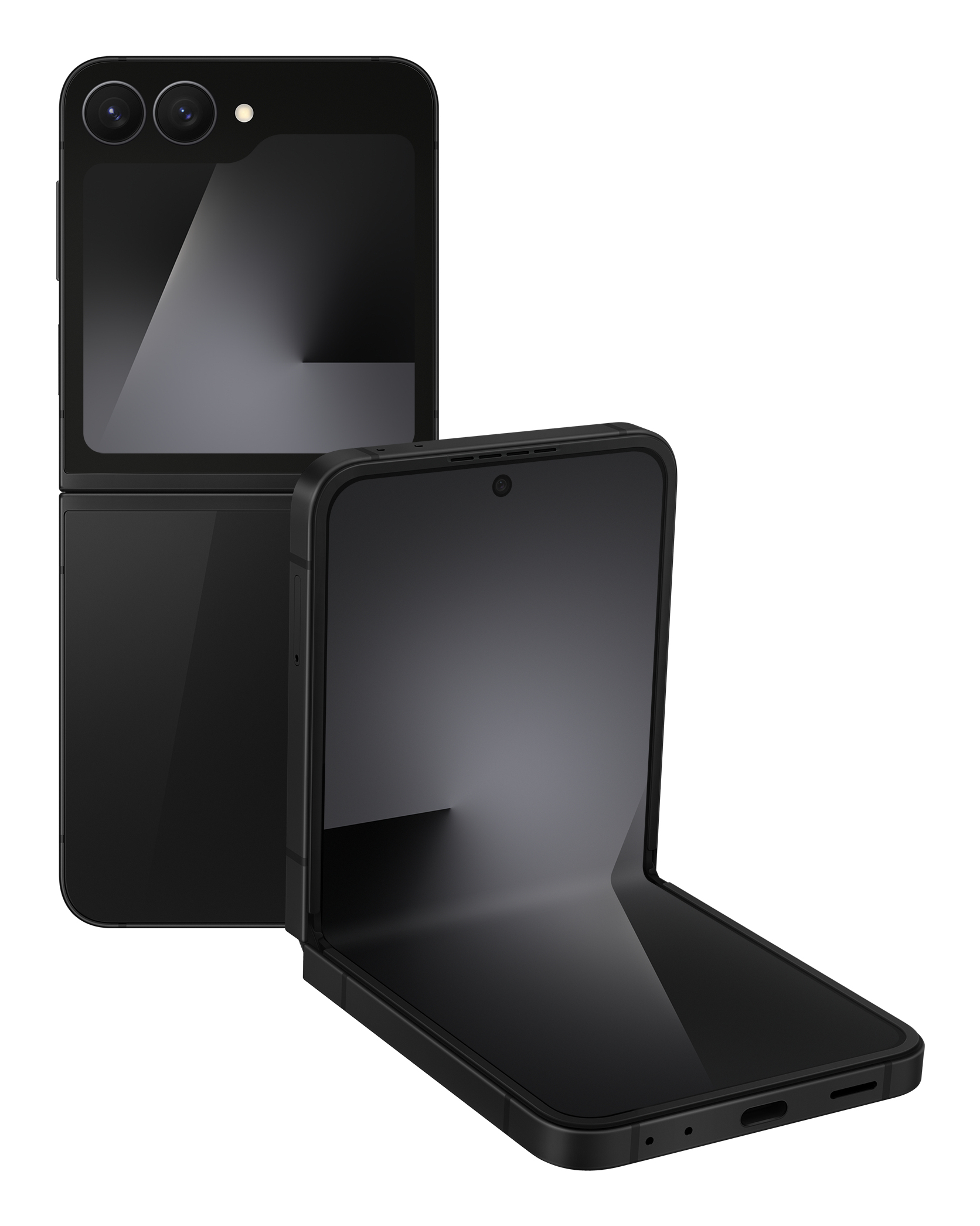 Un telefono pieghevole nero, uno chiuso, uno aperto.