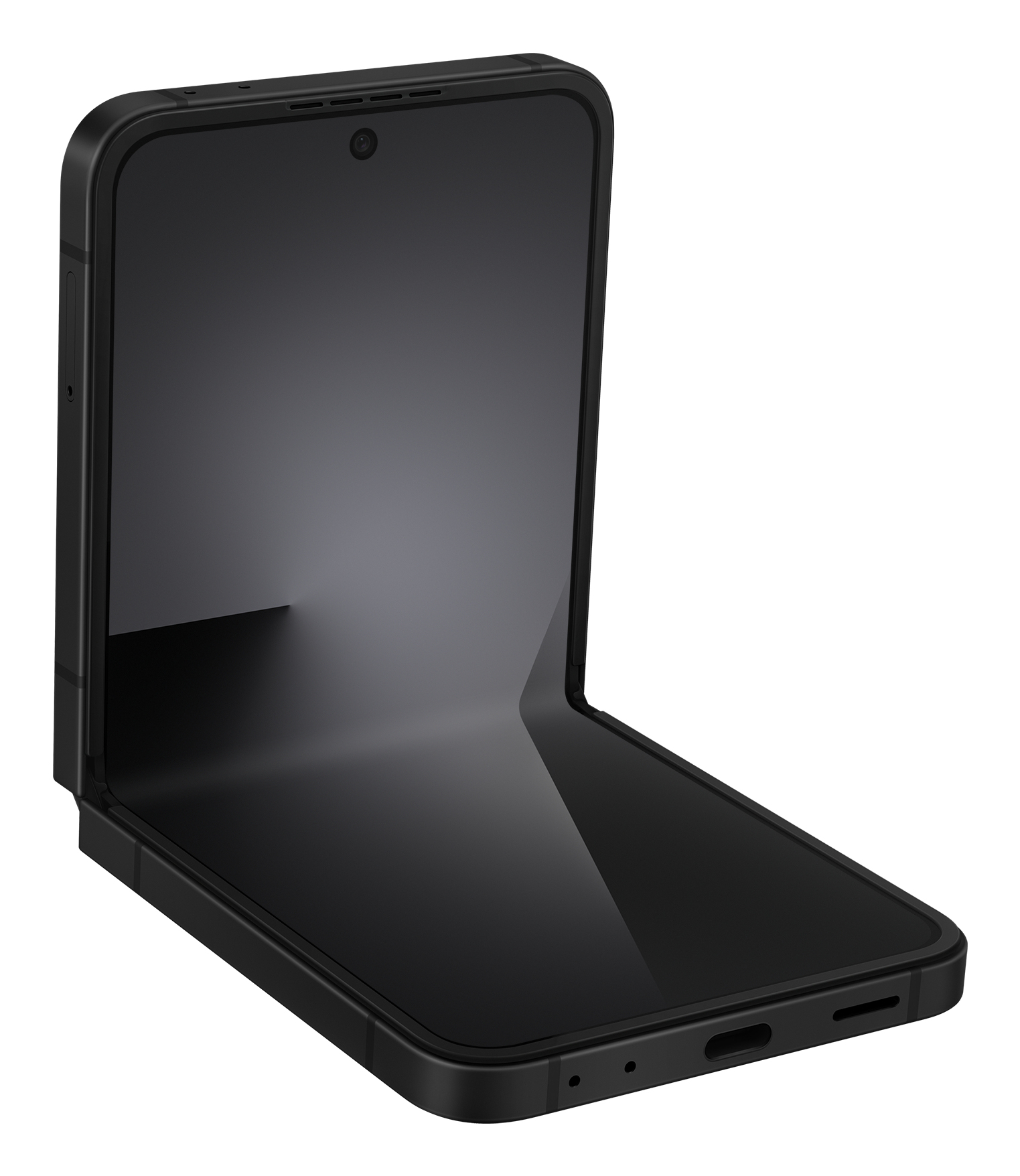 Un telefono pieghevole nero, semiaperto, su sfondo bianco.