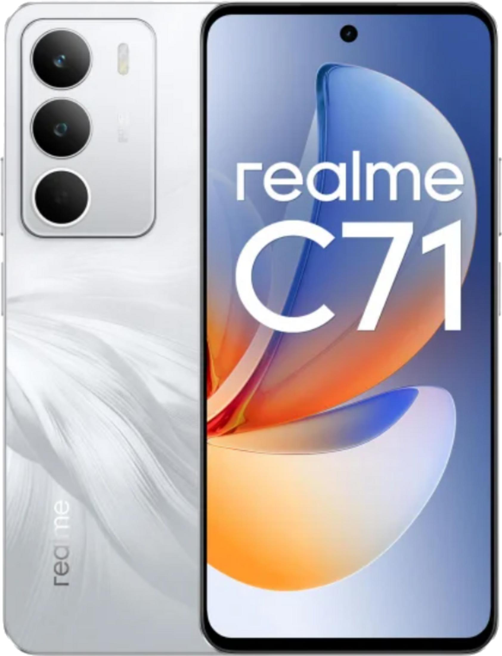 Ein weißes Realme C71 Smartphone mit drei Kameras auf der Rückseite.