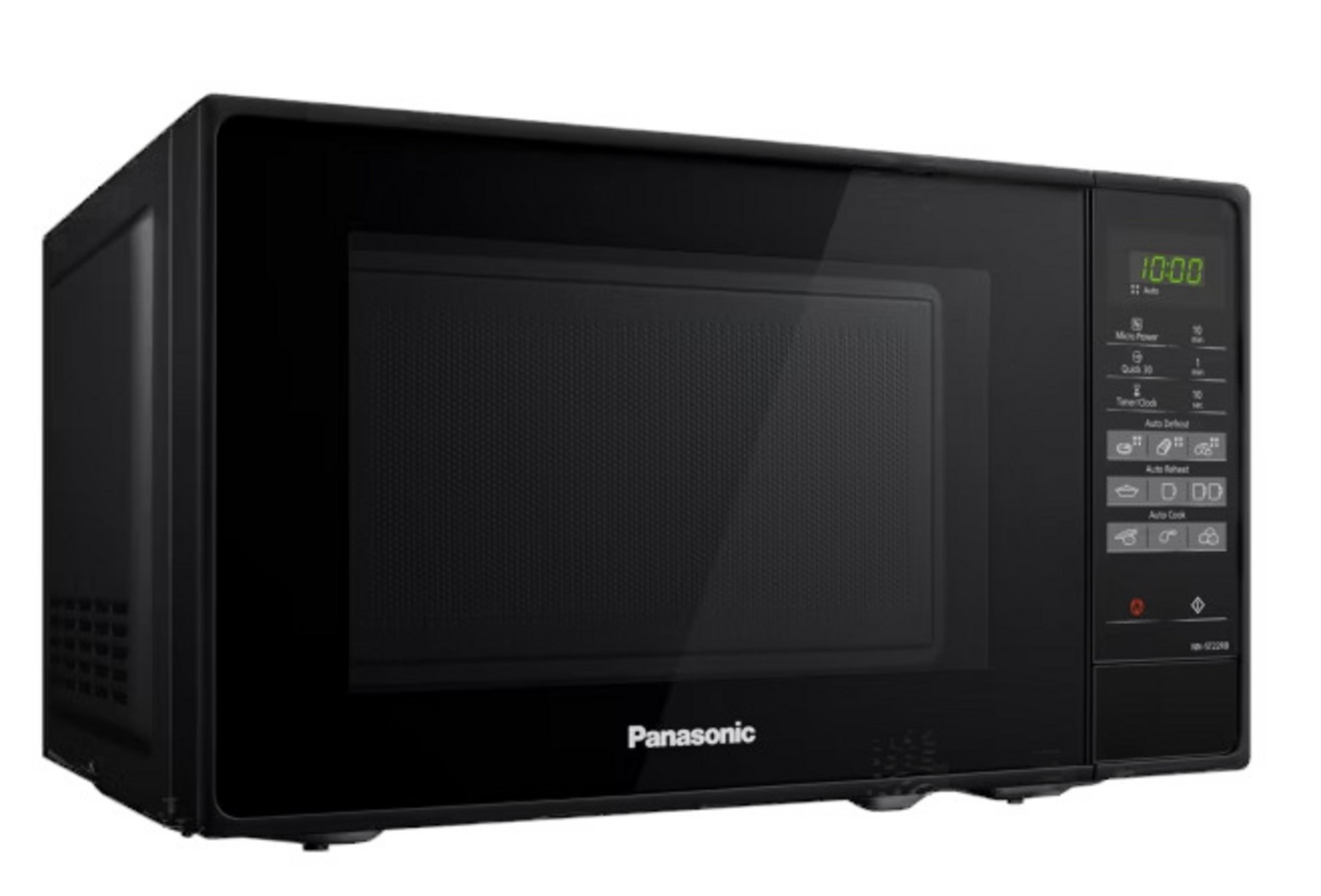 Czarna kuchenka mikrofalowa Panasonic z cyfrowym wyświetlaczem i panelem sterowania.