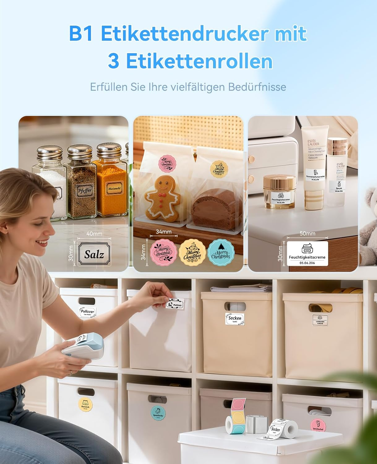 Person etikettiert Aufbewahrungsboxen mit einem Etikettendrucker. Gewürze, Kekse und Kosmetik sind ebenfalls zu sehen.