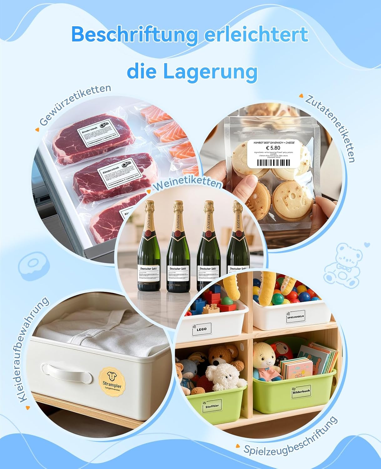 Verpackte Lebensmittel, Sektflaschen, Kleidung in Schublade und Spielzeug in Regalen.