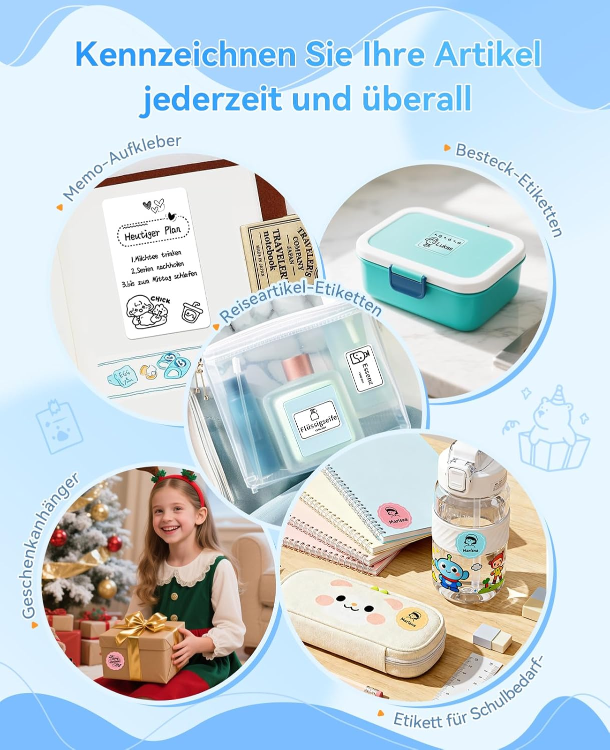 Collage zeigt Aufkleber für Artikel, Geschenke, Reise und Schulbedarf.