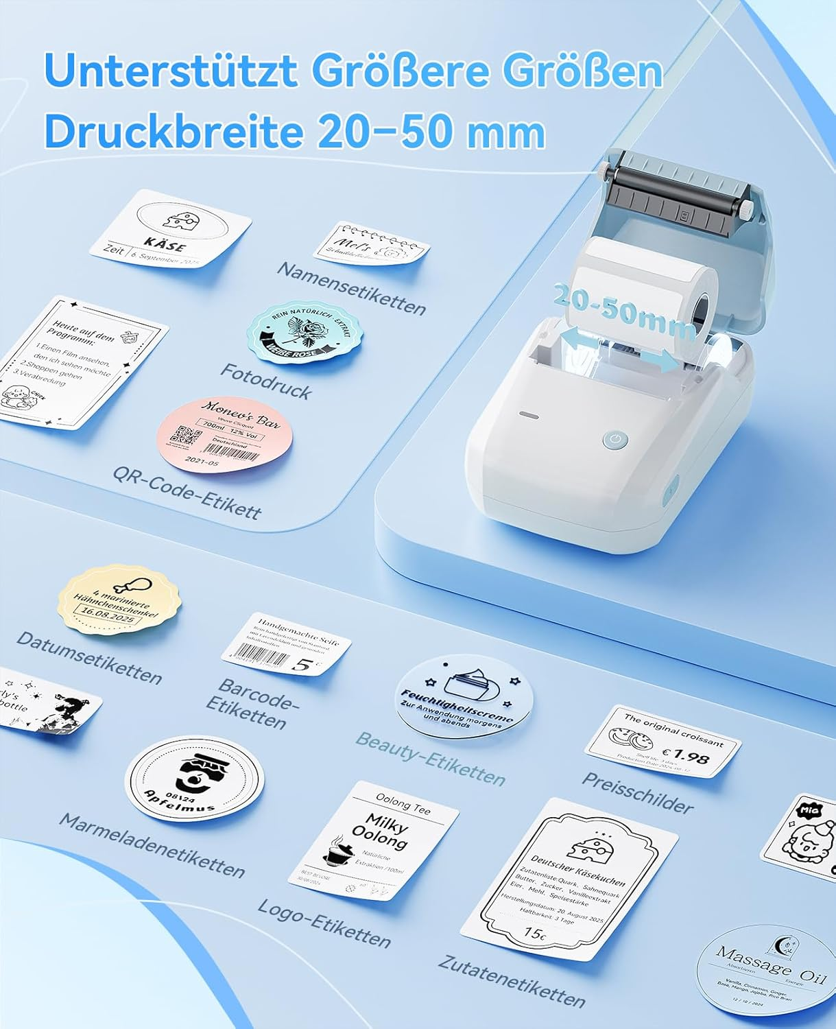 Ein Etikettendrucker mit verschiedenen Etiketten wie Käse, Name, QR-Code und mehr.