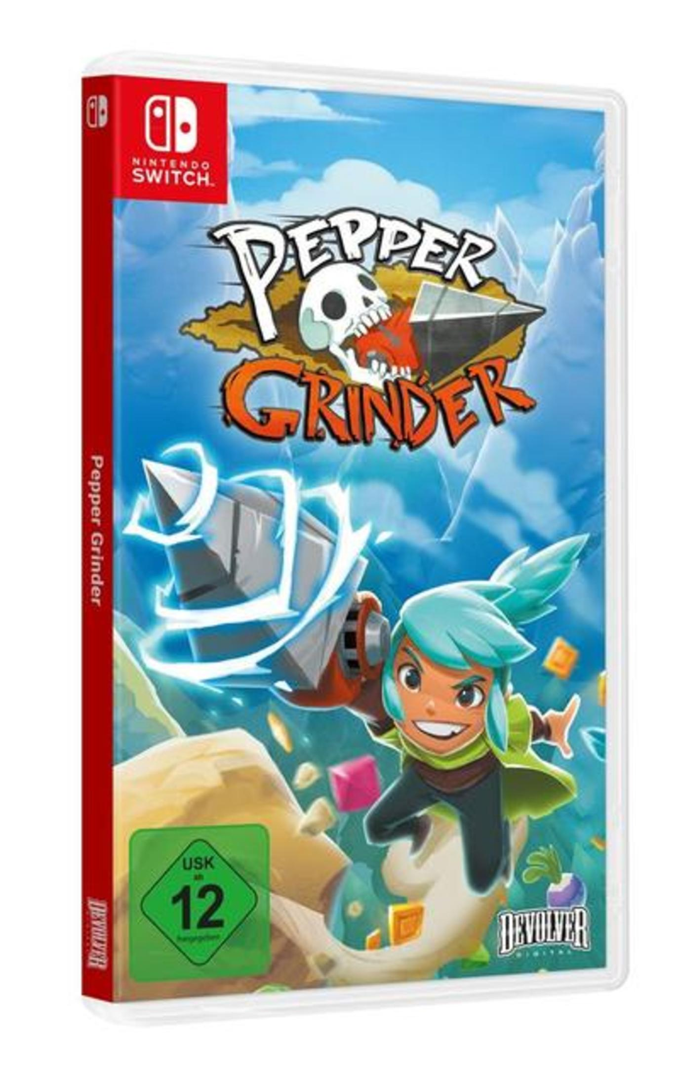 Custodia del gioco con personaggio dei cartoni animati, trapano e logo Nintendo Switch.