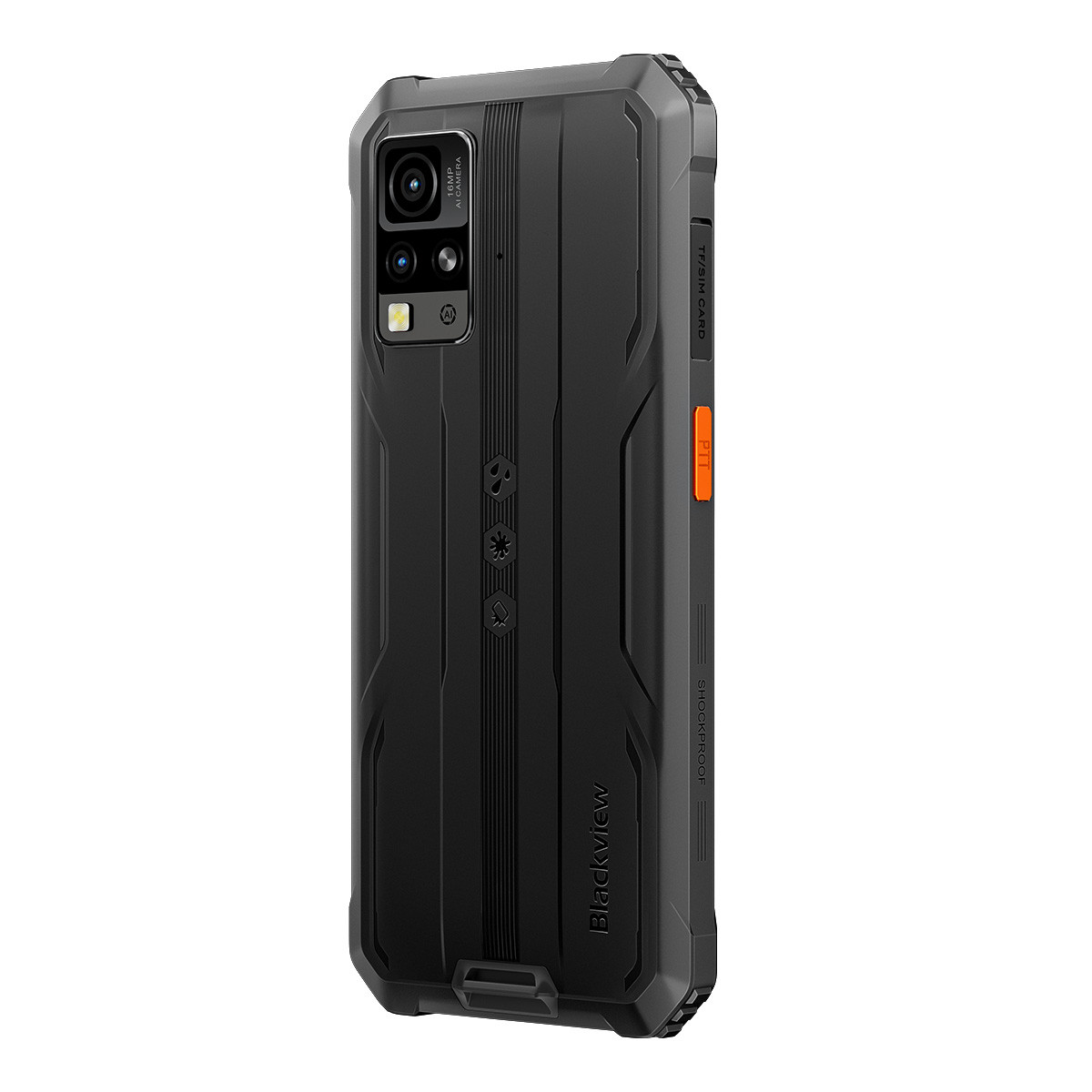 Wytrzymały czarny smartfon z aparatem 16MP i pomarańczowym przyciskiem PTT.