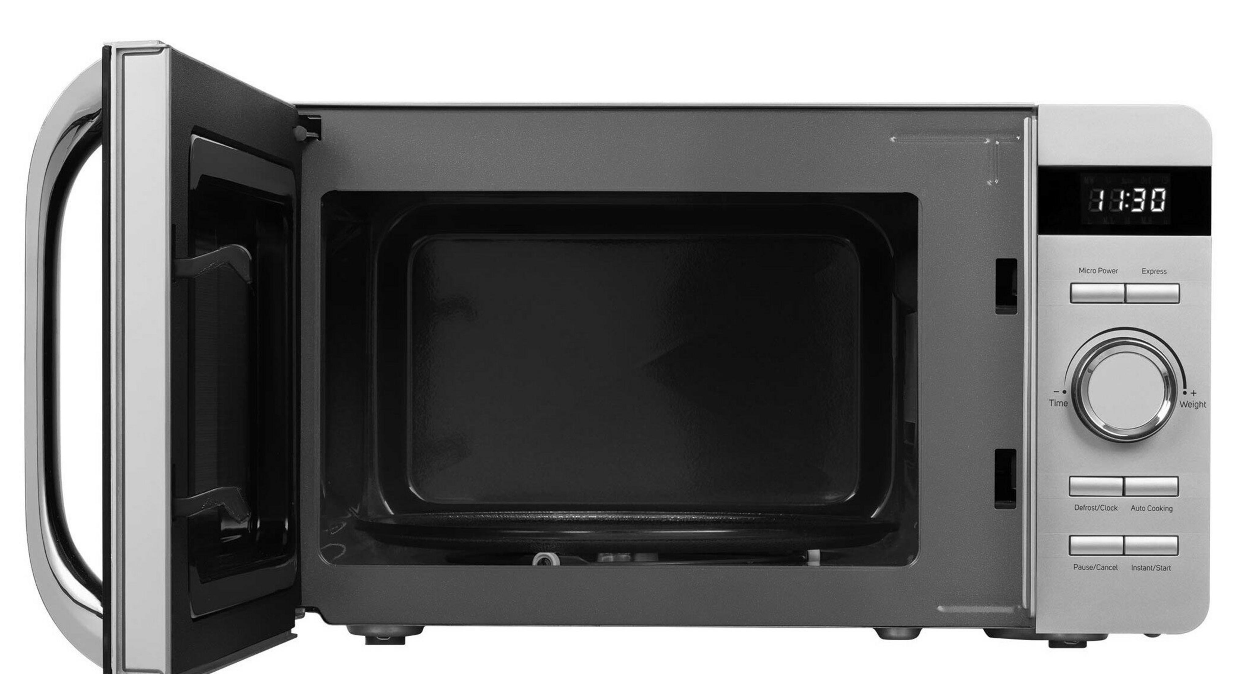 Un forno a microonde aperto con display digitale dell'ora e pulsanti.