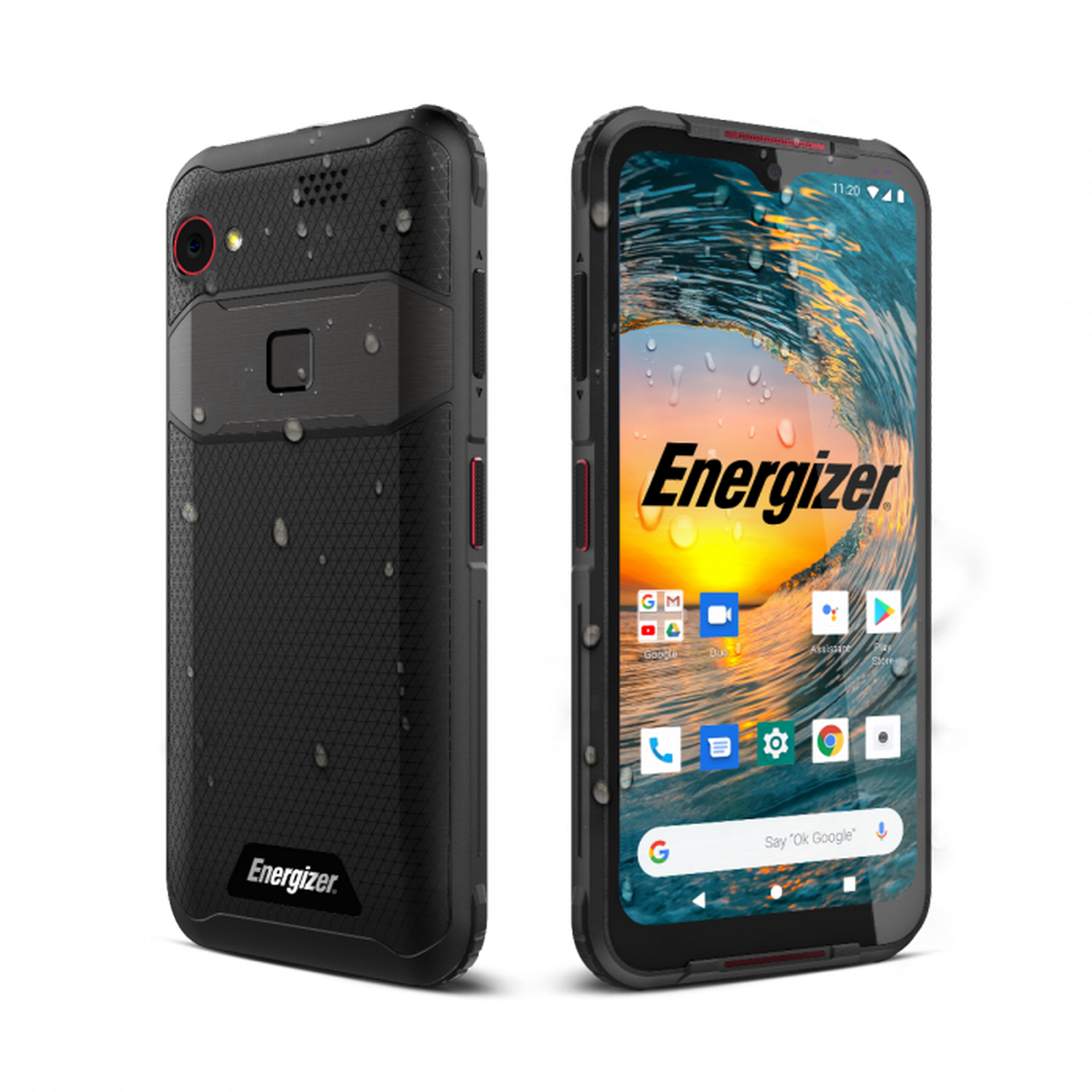 Ein schwarzes Energizer-Smartphone mit Wellenhintergrund und Wassertropfen.