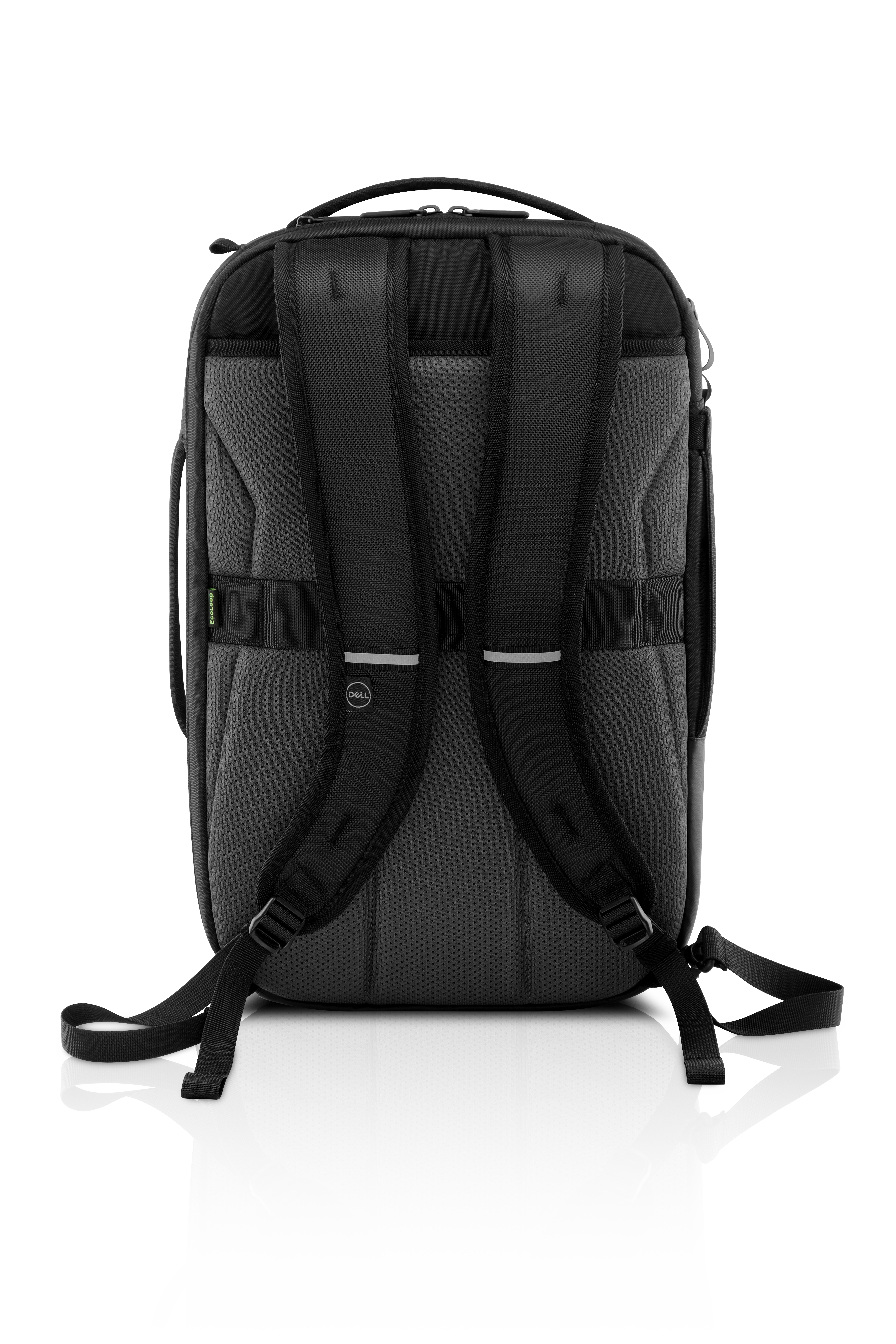 Zaino nero con spallacci imbottiti e logo Dell su sfondo bianco.