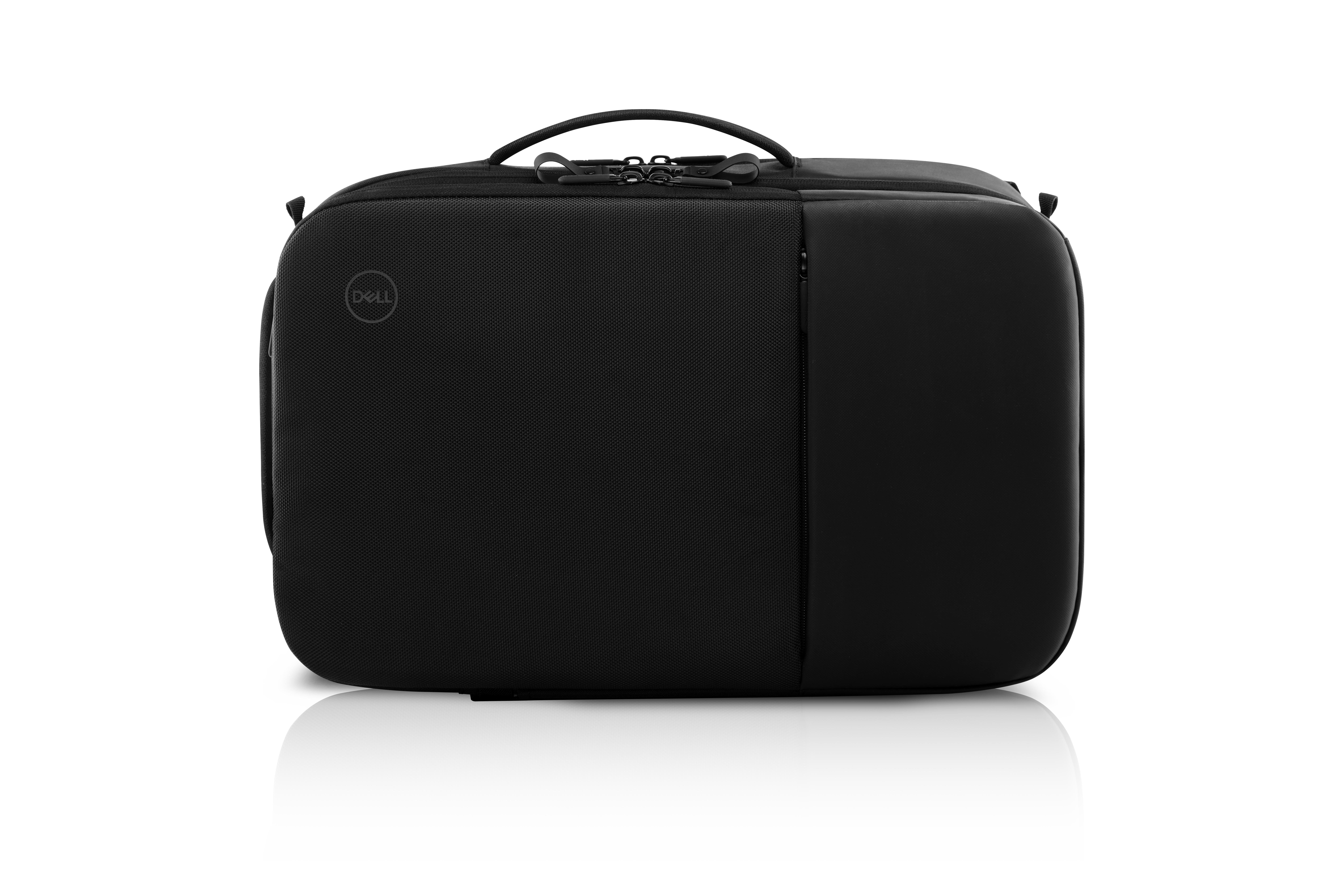 Una borsa nera per laptop Dell con manico e cerniere.