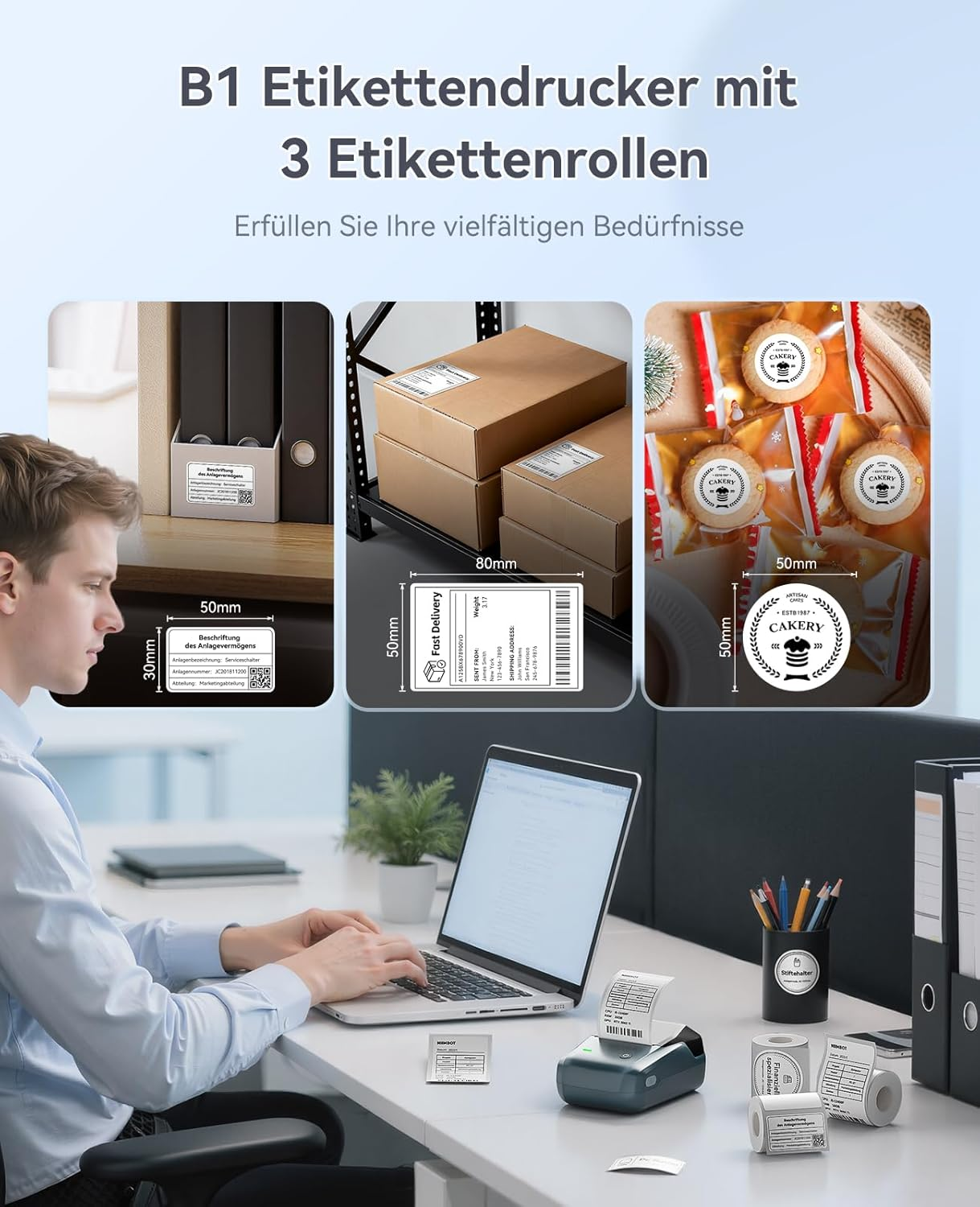 Ein Mann tippt auf einem Laptop, daneben ein Etikettendrucker und Rollen.