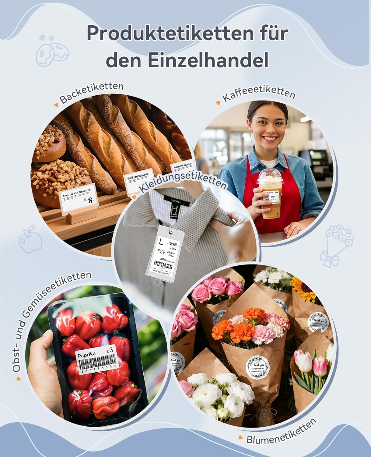Übersicht von Produktetiketten für den Einzelhandel: Backwaren, Kaffee, Kleidung, Obst/Gemüse, Blumen.