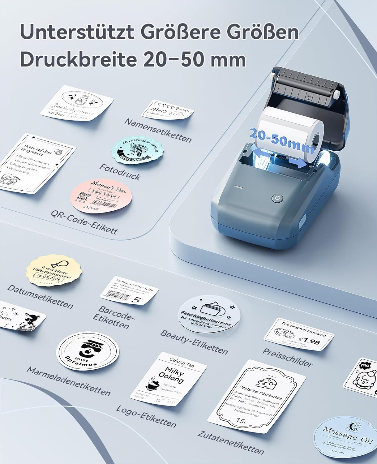 Etikettendrucker mit verschiedenen Etiketten wie QR-Code, Barcode, Schönheit und mehr.